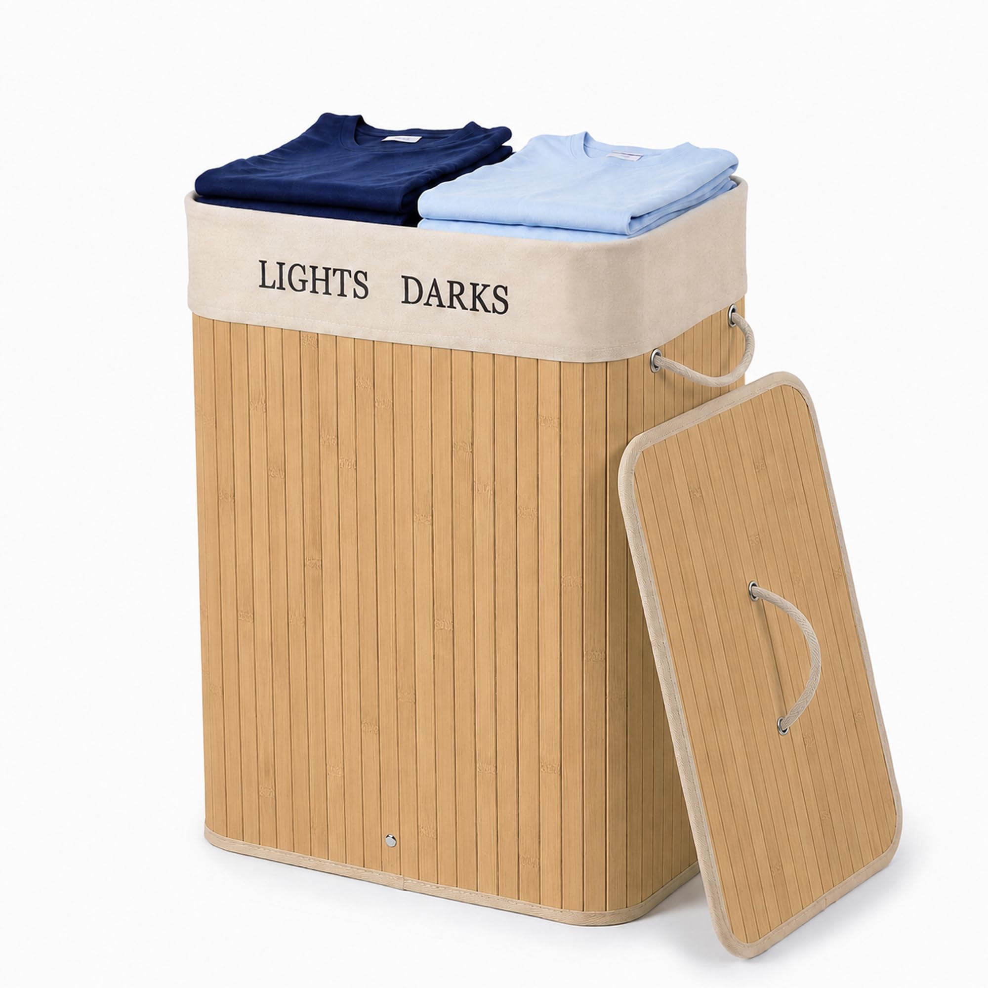 RAVQENIA Bamboo Laundry Basket with Lid, 2 Compartments 105L Laundry Hamper