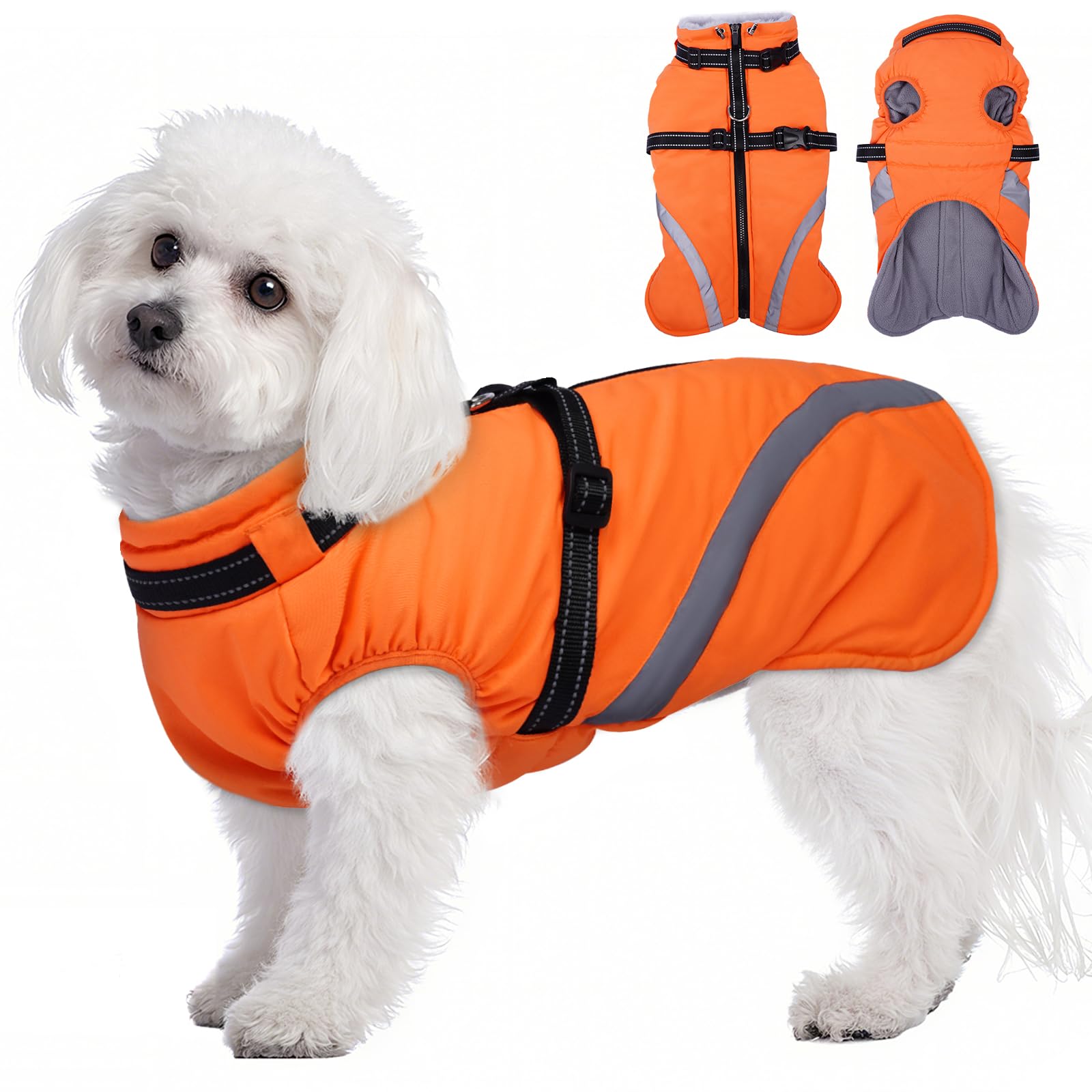 BRKURLEG Dog Winter Jackets for Small Dogs, Dog Coat with Harness Built in, Dogs Snowsuits with Zipper, Waterproof Windproof Pet Puffer Jacket Fleece Vest for Chihuahua, Yorkie, Orange XS