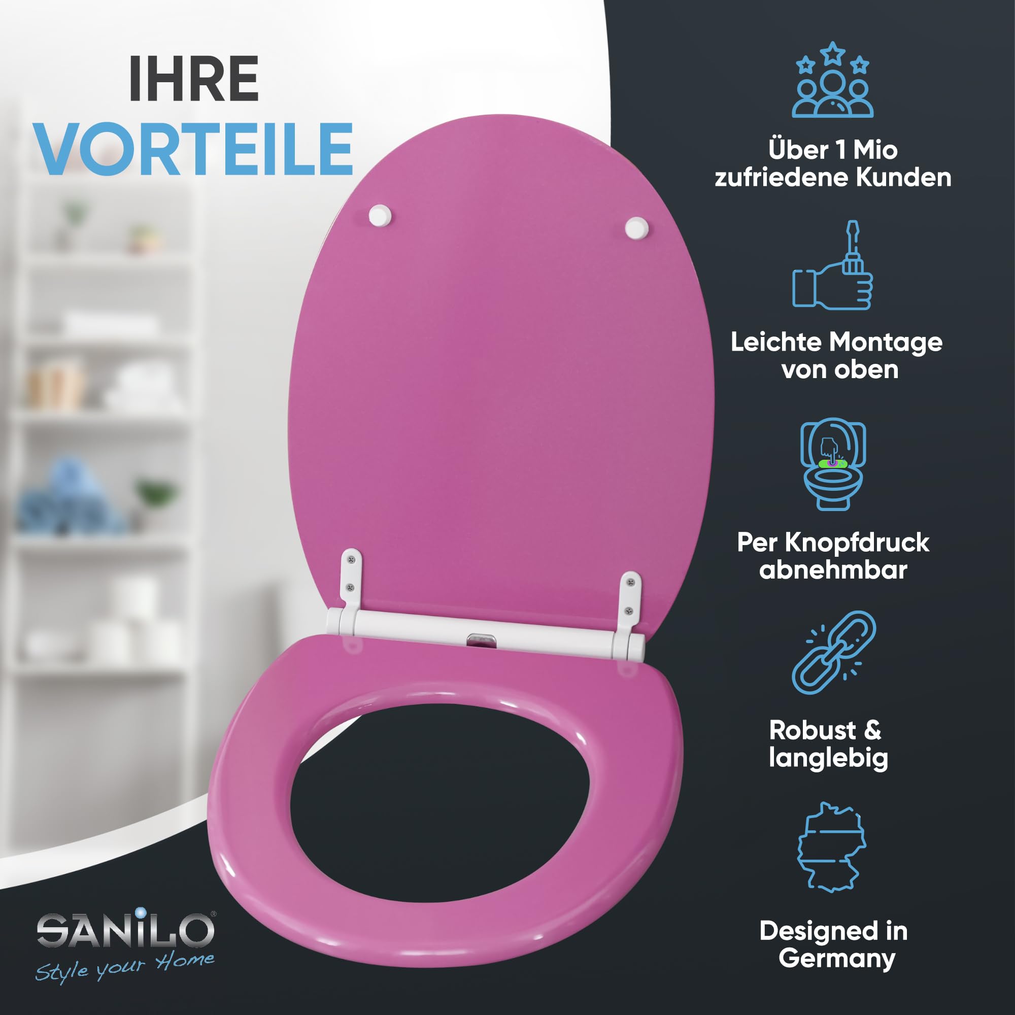 Sanilo WC Sitz mit Absenkautomatik & Schnellverschluss, Toilettendeckel per Knopfdruck abnehmbar, einfache Montage von oben (Glitzer Pink)