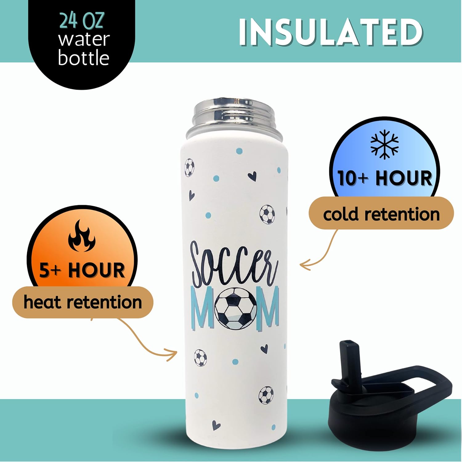 Brooke & Jess Designs Soccer Mom Tumbler Gifts - Large Insulated Water Bottle with Straw - Stainless Steel Metal 24 oz Travel Cup for Mom, Mama, Mother, Wife, Women