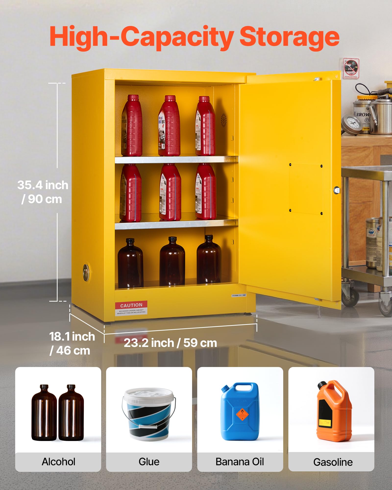VEVOR Feuerlöschschrank feuerlöschfähiger brennbarer Lagerschrank (49,21 L) mit verstellbarem Regal, Feuerlöschschränke aus kaltgewalztem & verzinktem Stahl, Gelb Schutzschrank Gefahrstoffschrank