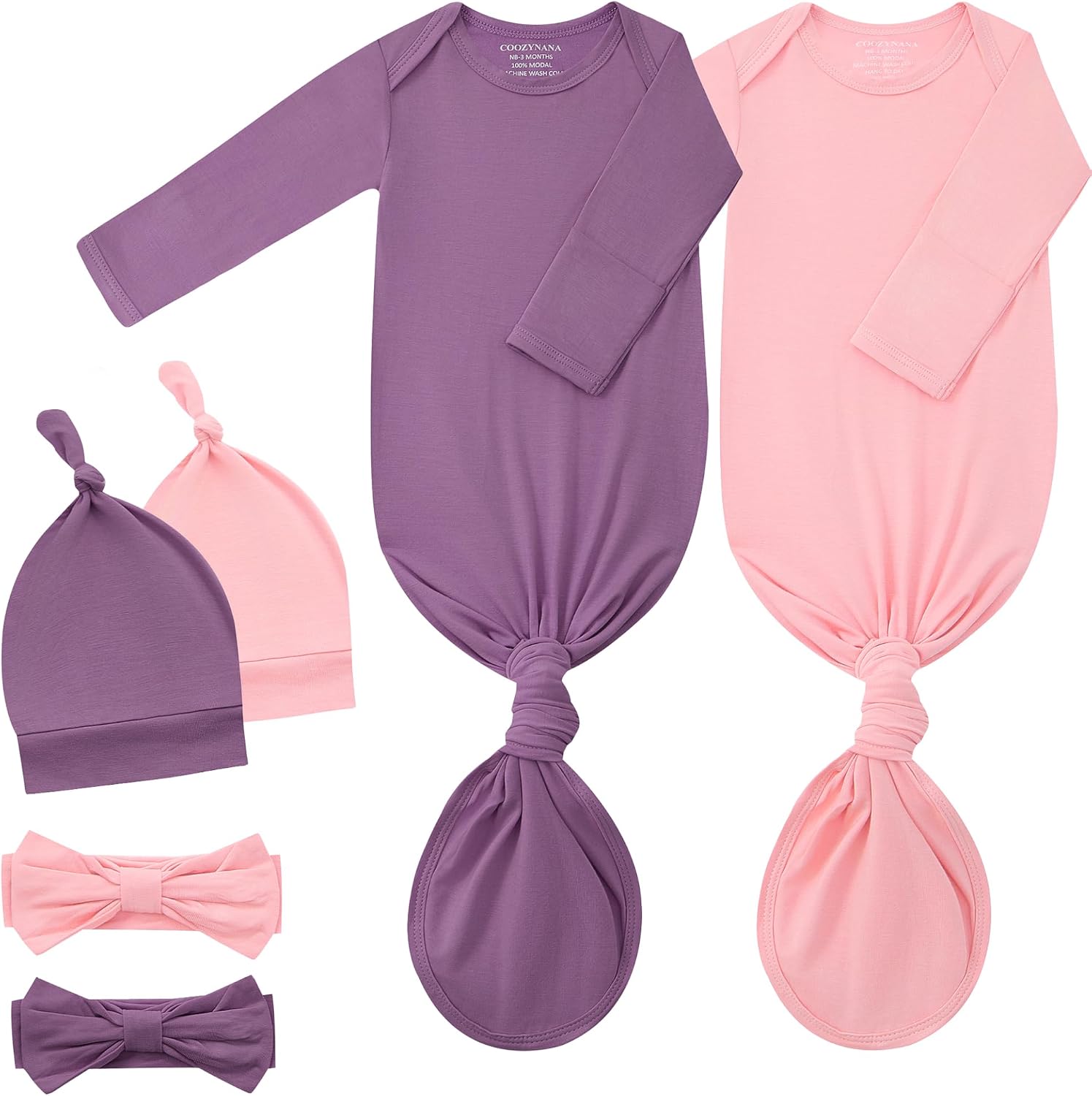 Newborn Knotted Gown 2Pack, Soft Breathable Baby Sleep Gown for Boys Girls, Infant Baby Coming Home Hospital Outfit