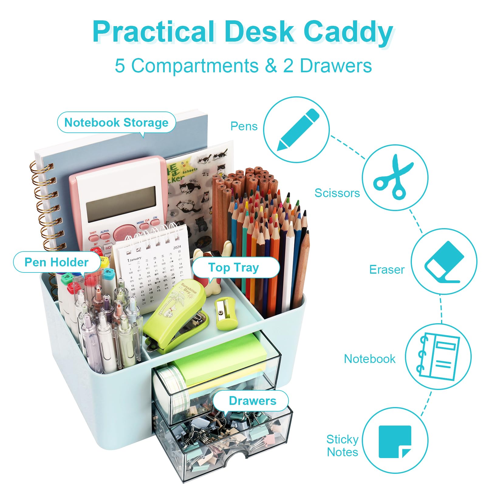 Meiikun Stift-Organizer aus Kunststoff, multifunktionaler Schreibtisch-Organizer mit 2 Schubladen, 4 Fächern und einer oberen Ablage, Stifthalter, Schreibtisch-Organizer und Zubehör für Büro, 19,6 x