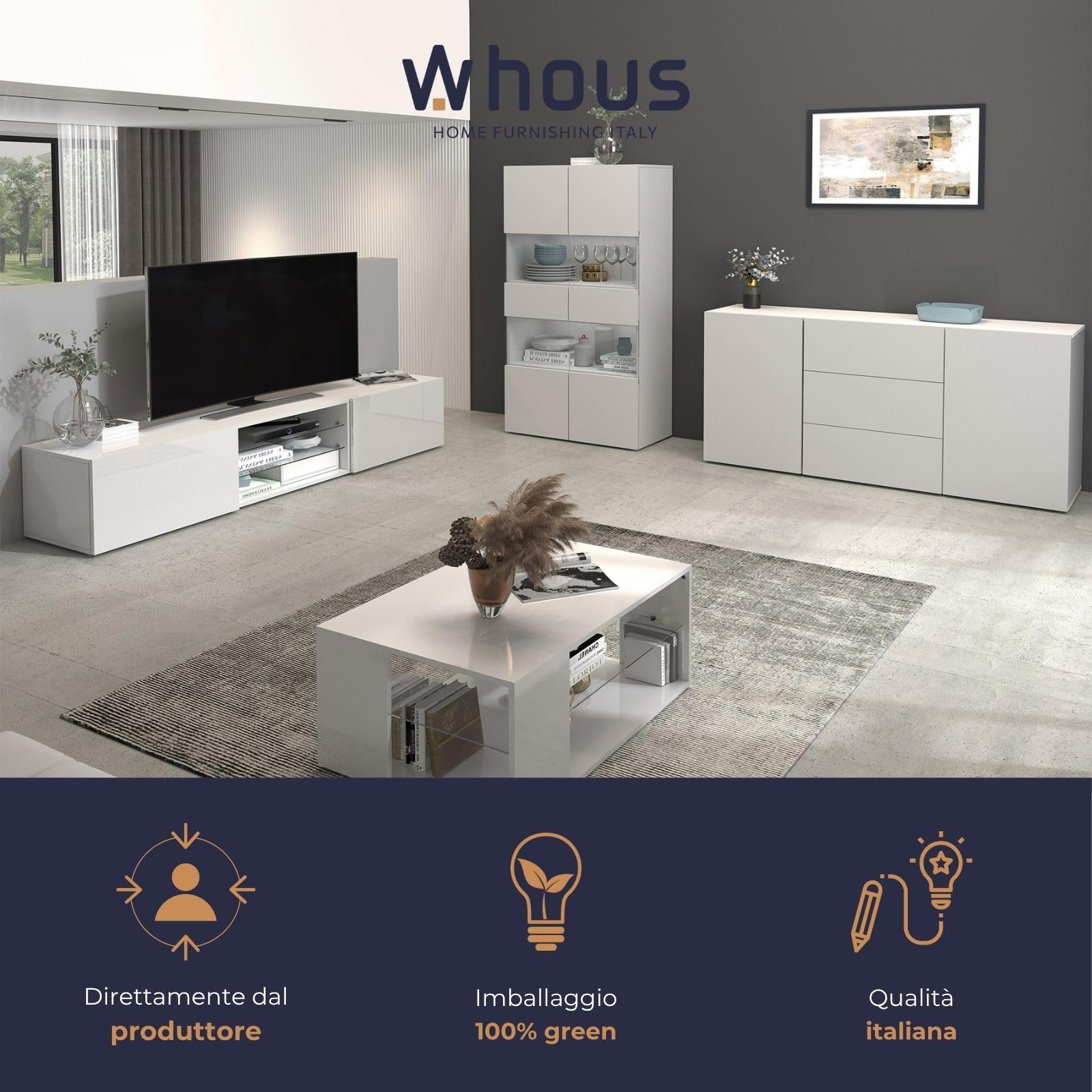 WHOUS Mobile Porta TV EGYPT per Soggiorno con 2 Ante a Ribalta e 2 Ripiani in Vetro, Mobile Tv per Salotto in Legno, 240x38x35 cm, Bianco Laccato Lucido