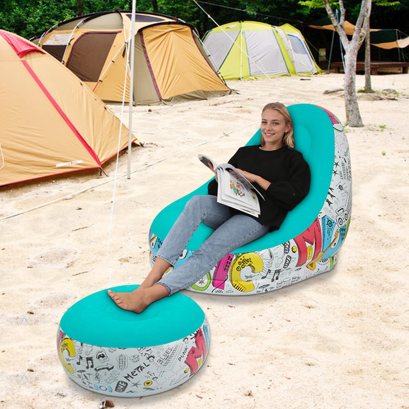 Gohytal Aufblasbares Sofa, mit Hocker Wasserdichtes Luftsofa Outdoor Tragbares Aufblasbar Luft Sofa Couch Air Lounger mit Portable Paket für Camping Urlaub Schwimmbad Strandparties Hinterhof,Cyan