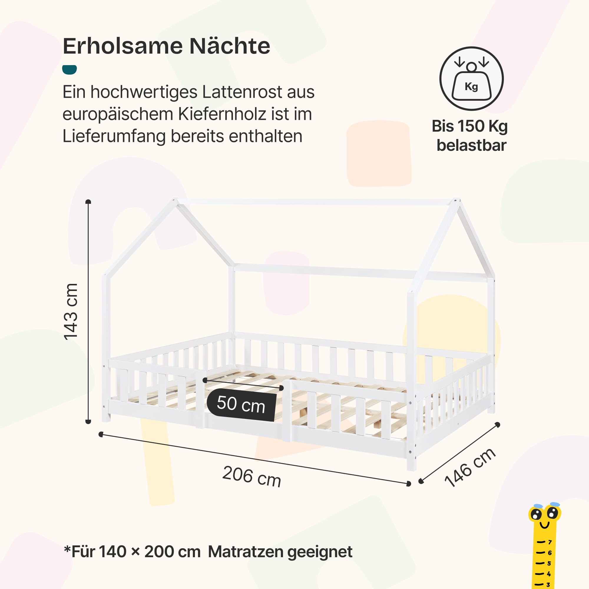 Kinderbett Sisimiut Hausbett Montessori 140 x 200 cm mit Rausfallschutz Holzbett Kiefernholz Weiß matt