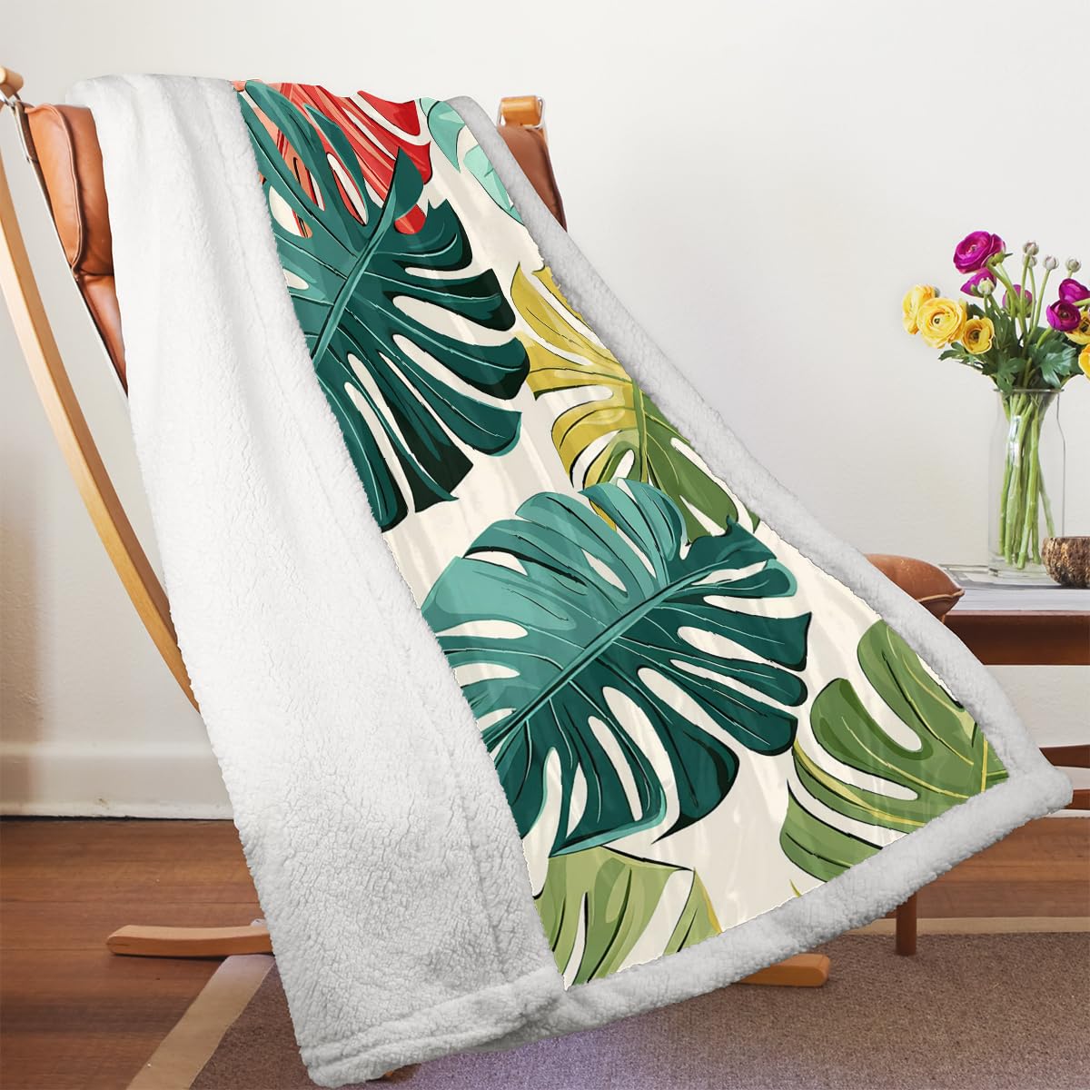 Manta de hojas de palma tropicales para sofá, manta cálida de invierno suave de lana de cordero para niños, mujeres y hombres