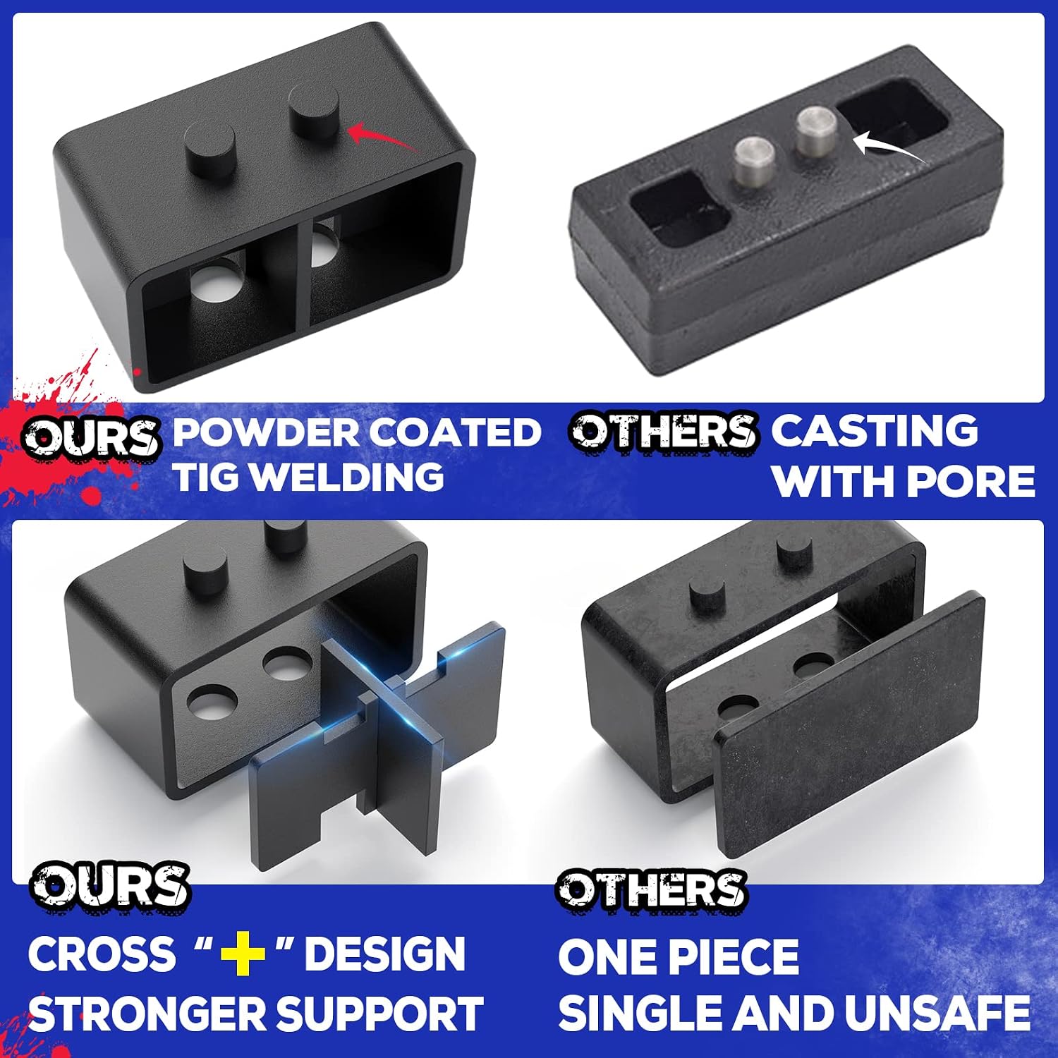 KSP 3'' Rear Leveling Lift Block Kits with Extra Long Square Leaf Spring Axle U Bolts for 2004-2020 F150 2WD/4WD