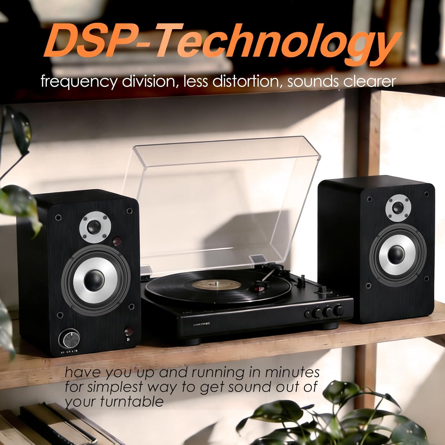 LONPOO 100W Hi-Fi Powered Bookshelf Speakers - Bluetooth 5.3 Active Monitors with 1" Silk Tweeter & 4" Aluminum Woofer, DSP Audio Optimization for TV, Record Player & Home Theater