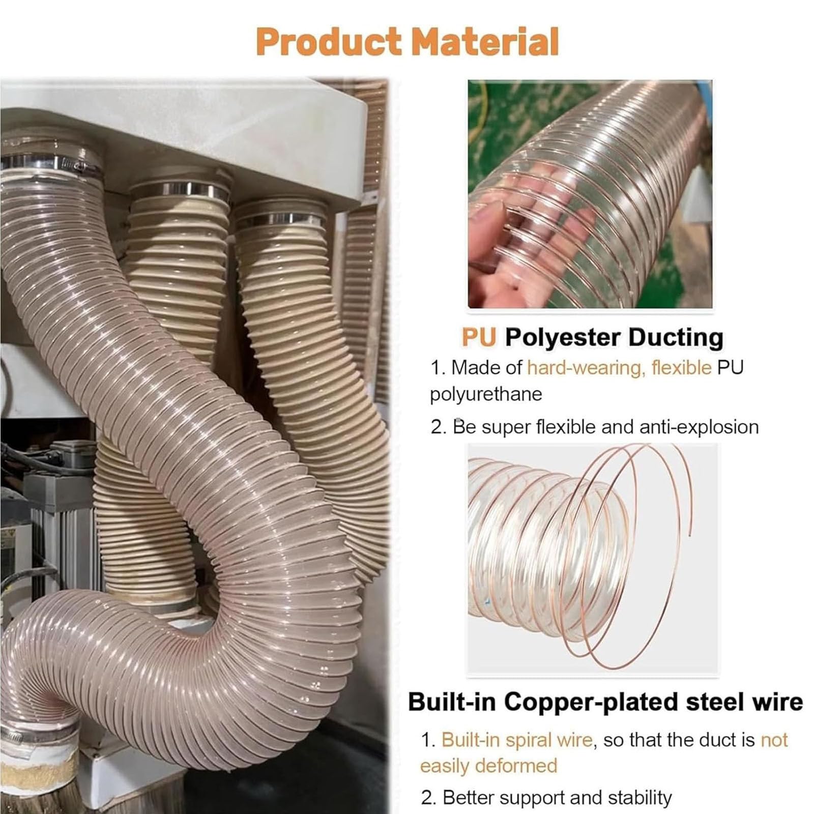 Manguera flexible de recogida de polvo de PVC transparente con alambre de acero al carbono, 1,2 mm de grosor, 1 m de longitud para sistemas industriales de extracción y vacío