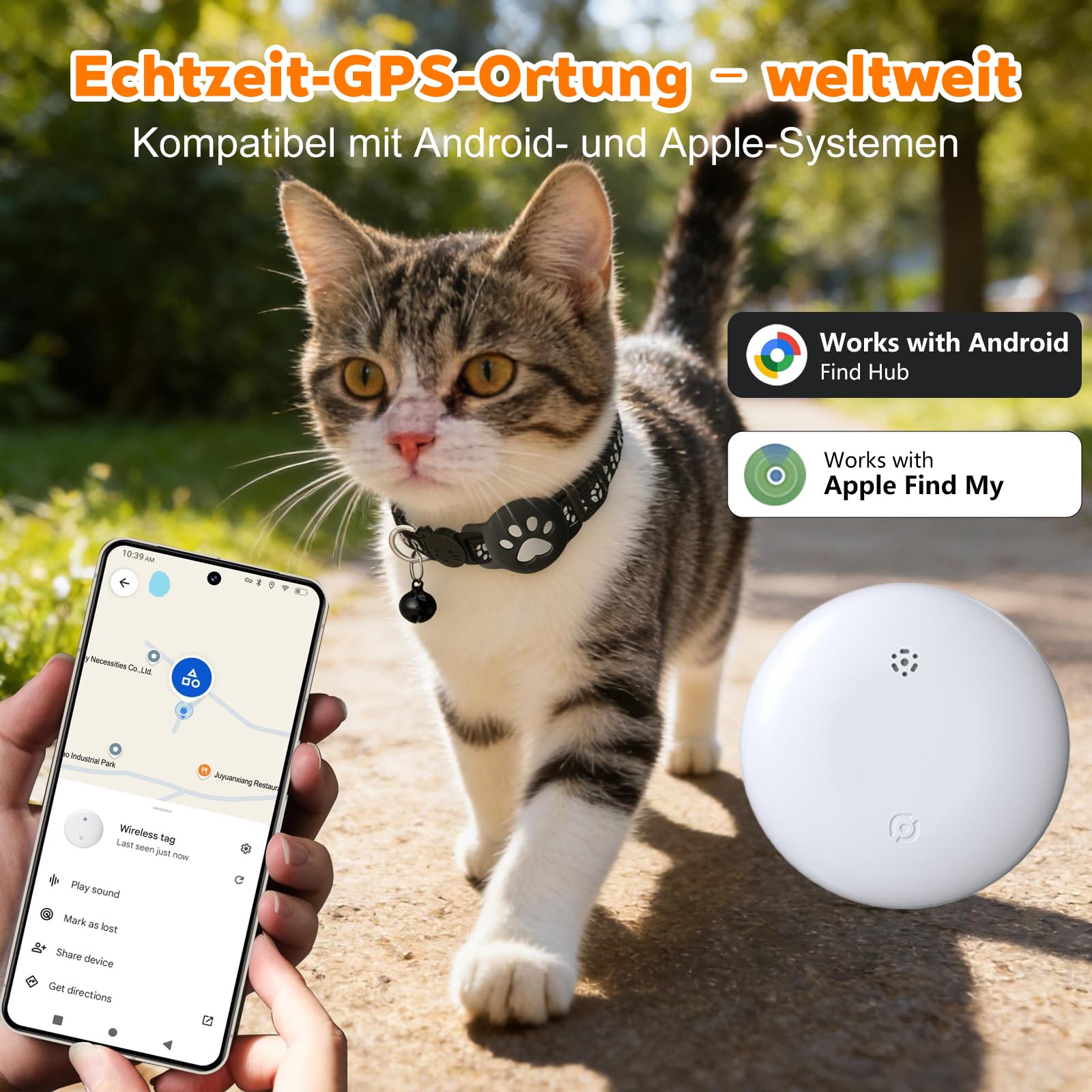 Katzenhalsband für kleine Katze und Hund (iOS & Android), Mini Tracker Katze Ohne ABO, SIM-Karte, Keine monatlichen Gebühren, Echtzeit-Tracking katzentracker (Halsband + Tracker Weiß)