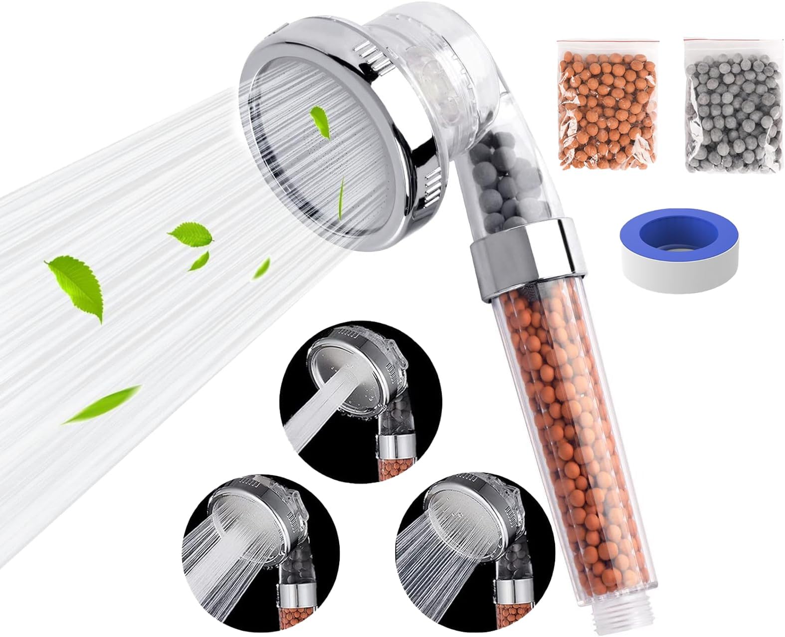 Filtered Shower Head, High Pressure 3 Modes Water Saving Ionic Shower Head Mineral Beads Removes Chlorine/Purifies Water Reduces Dry Skin/Hair Fall (Transparent 3 Spray Modes)