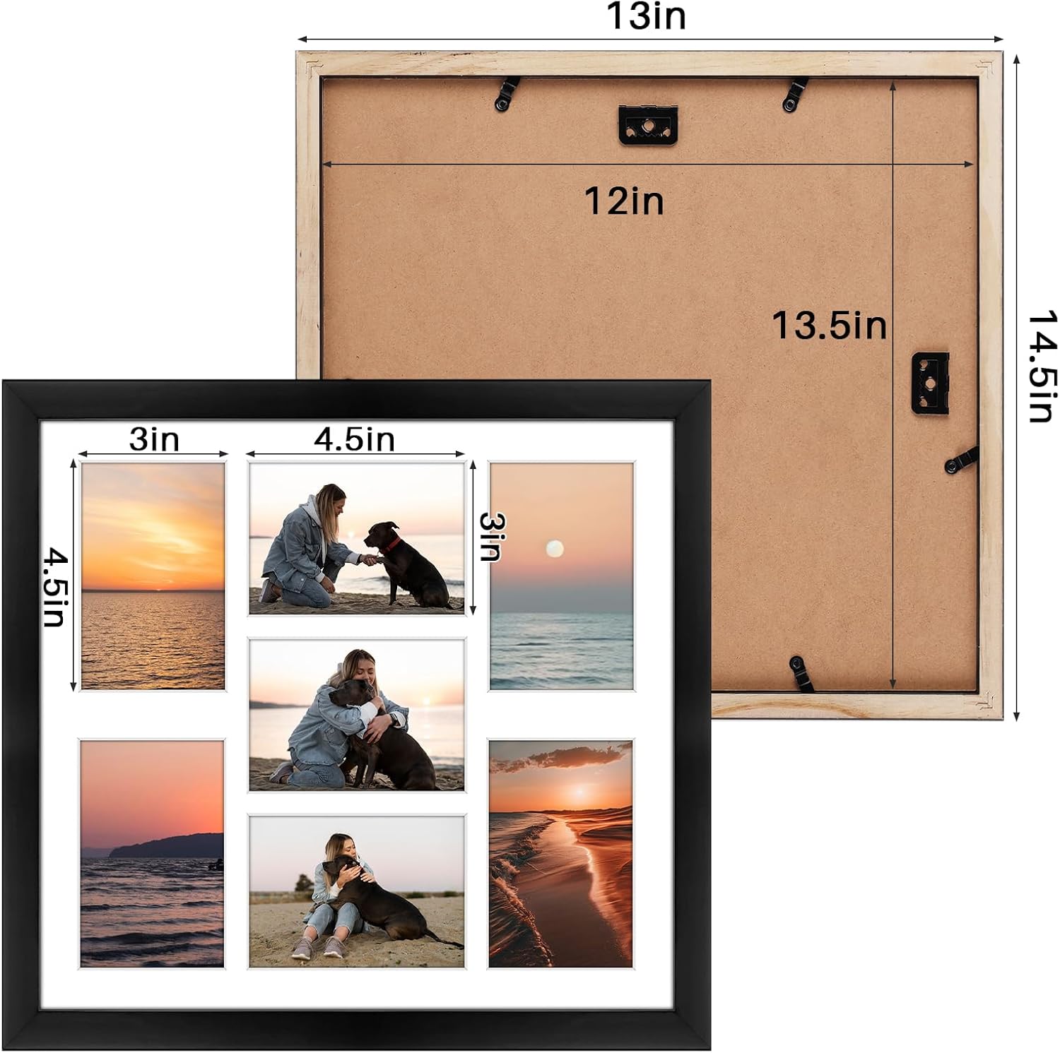 Golden State Art, 3.5x5 Collage Picture Frame - Solid Wood with Tempered Glass - 12x13.5 Multi Picture Frame - Displays (7) 3.5"x5" Photos or One 12"x13.5" Poster - Black Collage Wall Decor