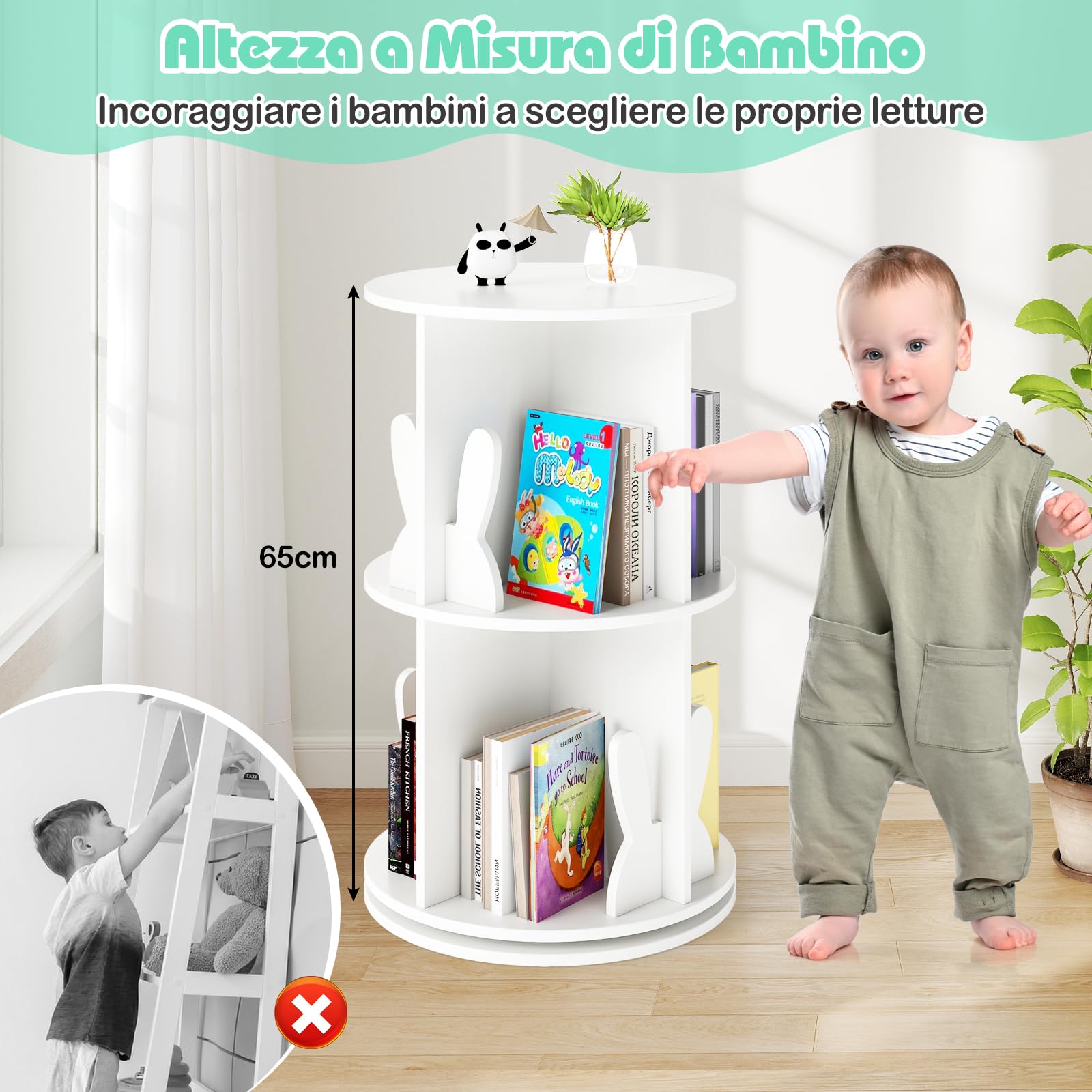 RELAX4LIFE Libreria Scaffale Girevole per Bambini, Porta Libri Rotante a 2 Livelli, Libreria in Legno per Soggiorno, Camera da Letto e Studio, 40 x 40 x 65 cm (Coniglio, Bianco)