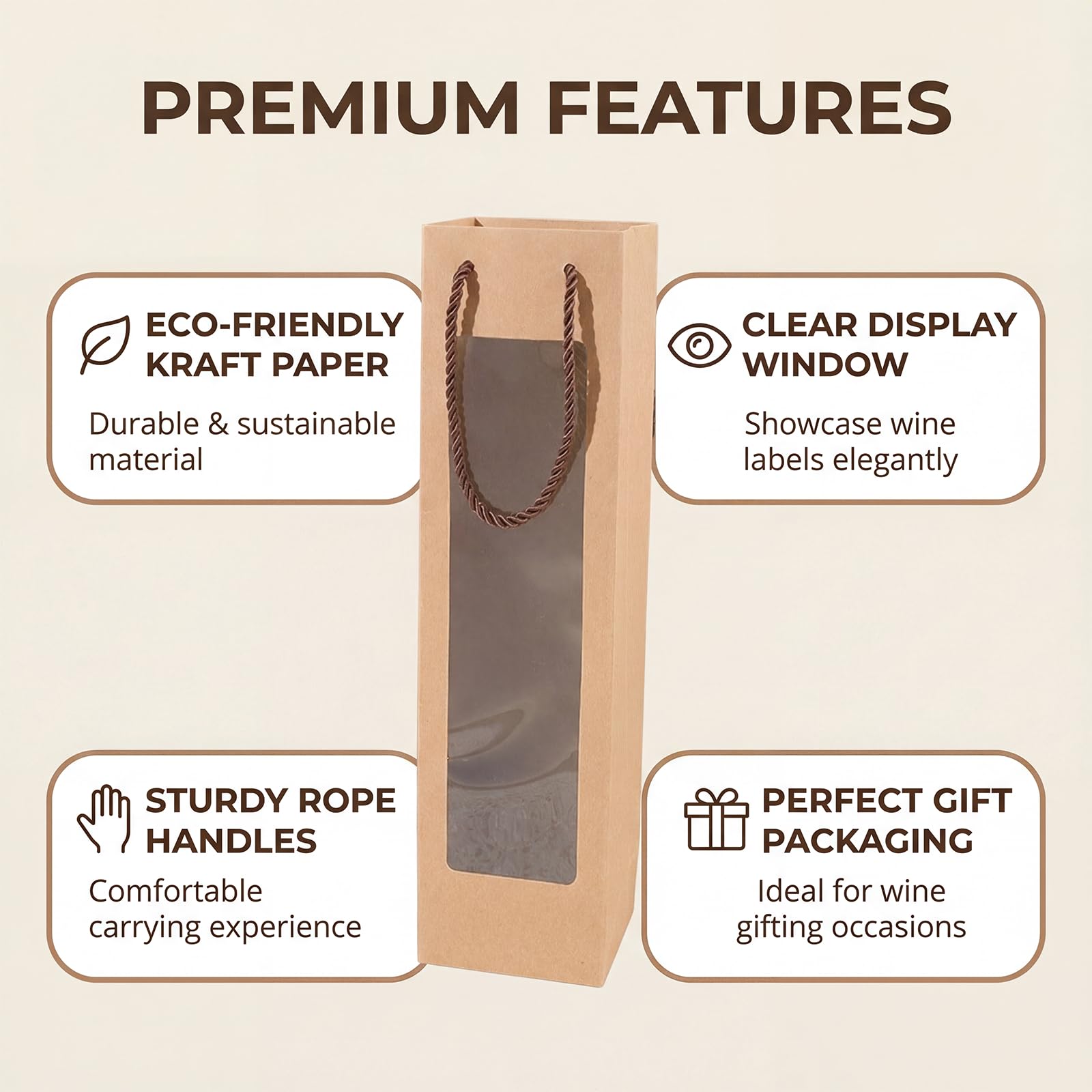 8PCS Wine Bottle Gift Bags Kraft Paper Bags with Handle Reusable with Clear Window for Birthday, Anniversary, Shopping, Christmas Party (3.7 x 3.5 x 14 inches) - 3