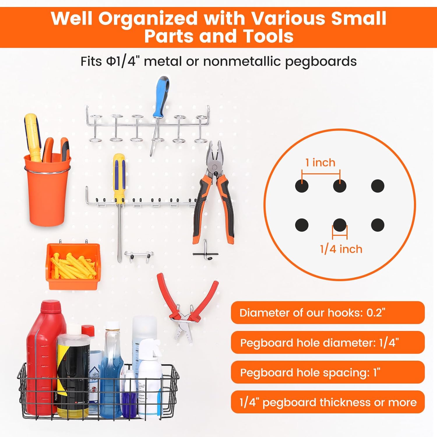ENJOYWOOD Pegboard Organizer Accessories Kit 264 PCS, Peg Board Hooks Assortment with Bins, Cups, Baskets for 1/4in Pegboard Wall Organizer, Garage Organization, Workbench, Craft Room, Hanging Tools