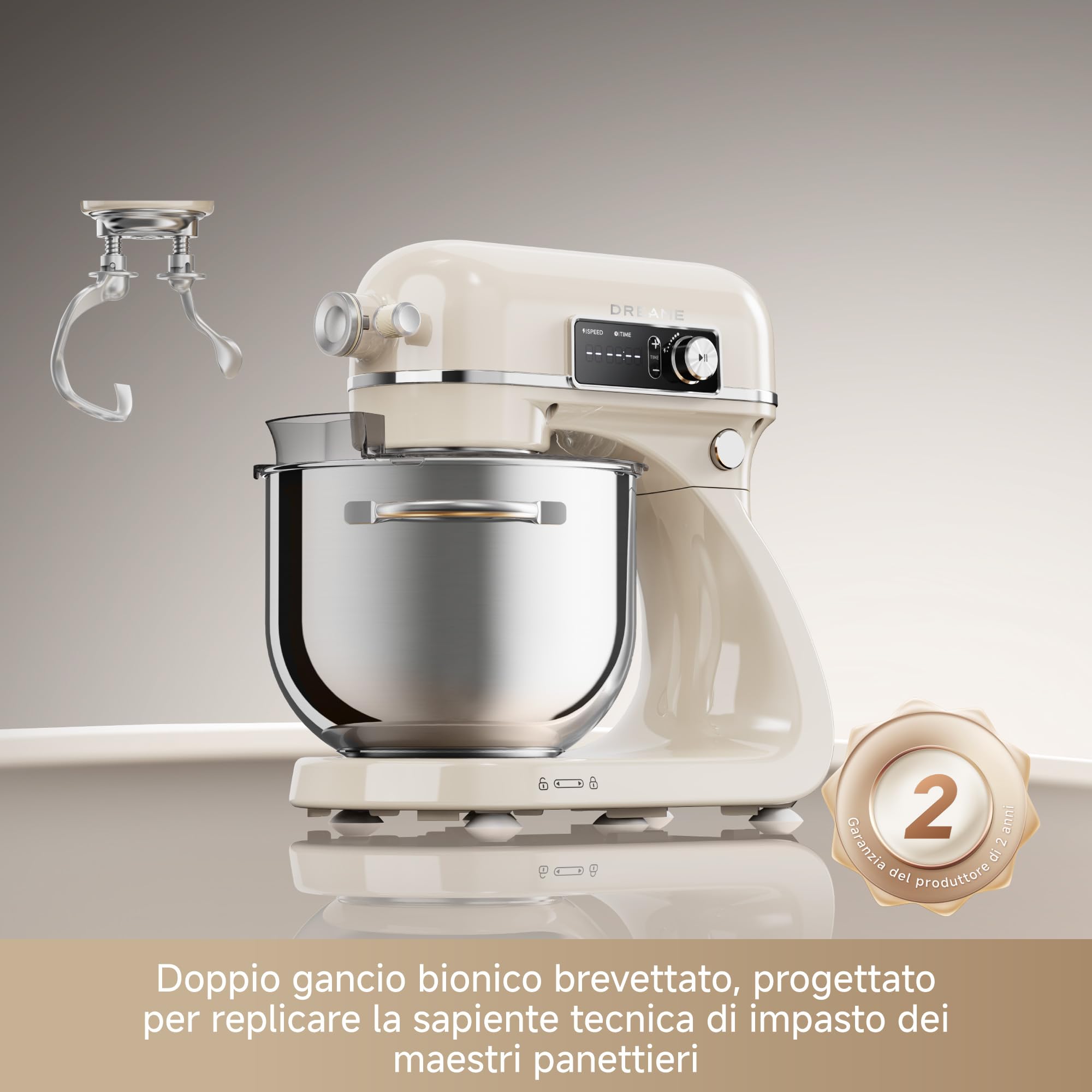 DREAME BioKnead Impastatrice Planetaria. Doppio Gancio Brevettato e Motore CC Silenzioso da 800 W con Ciotola da 6 L, Display Digitale, 12 Velocità e Numerosi Accessori per Ogni Attività, Bianco