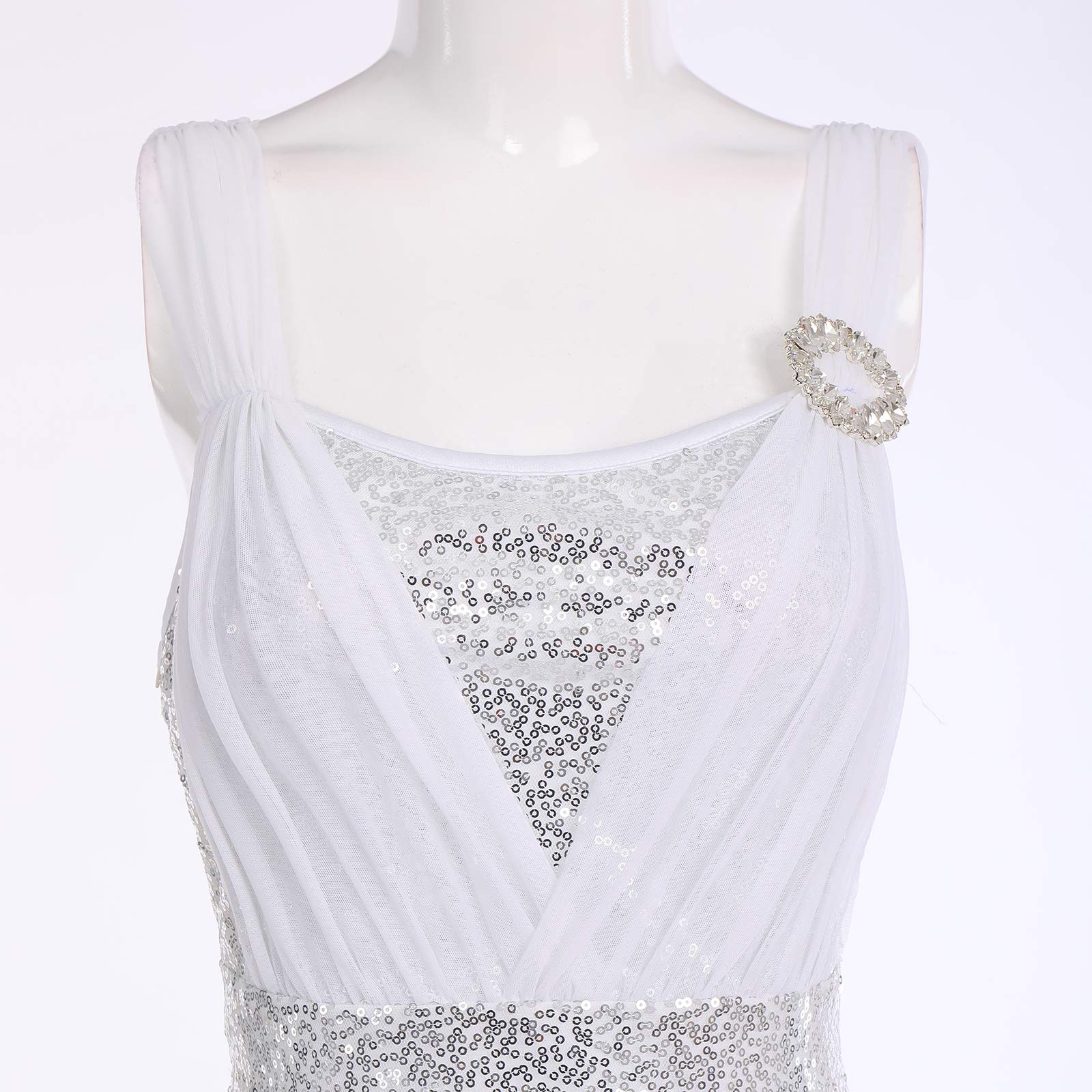 OBEEII Femmes Élégante Robe de Danse Lyrique sans Manches Fronde Paillettes Justaucorps Jupe Performance Costume Ballet Fluide Longue Robe en Mousseline de Soie