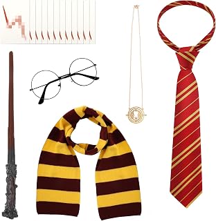 Wizard Costume Accessories Set - Red and Gold Tie, Glasses, Scarf, Magic Wand, Necklace, Tattoos