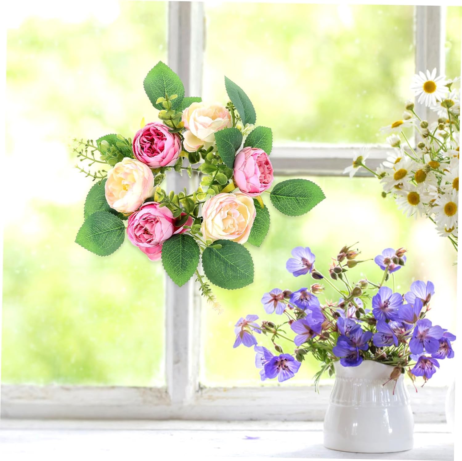 Tabletop Peony Candle Wreath Realistic Faux Flower Candle Decor for Home Weddings and Parties Elegant Spring Centerpiece