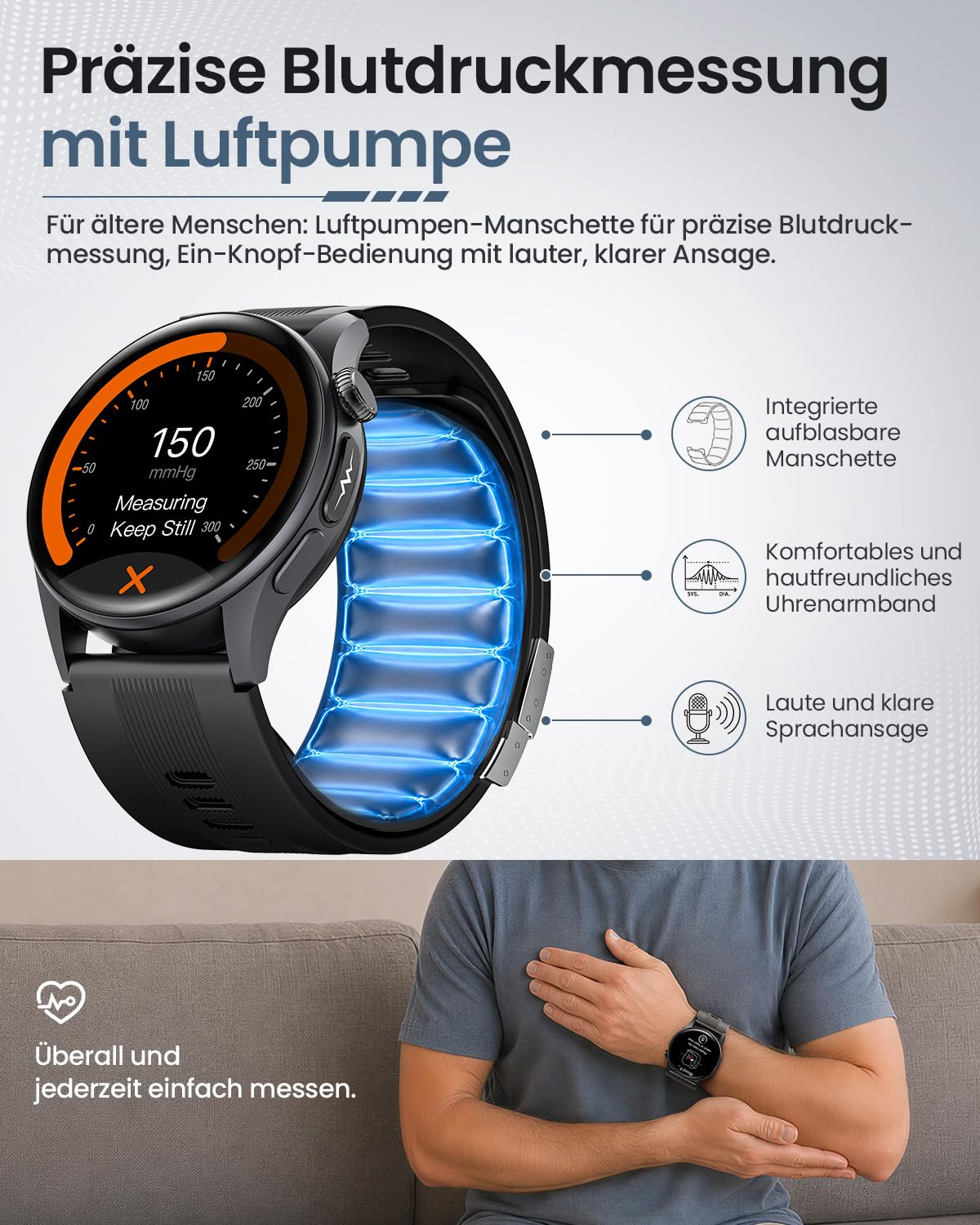 Smartwatch Herren mit Luftpumpe & Blutdruckmessung, EKG, HRV, Schwarz