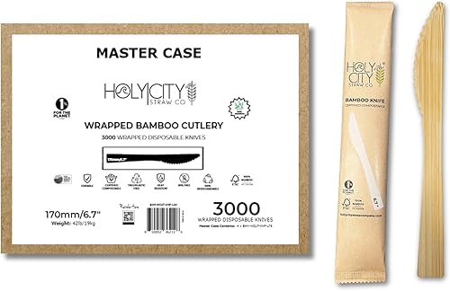 Miniatura 10 de Holy City Straw Co. Juego de cubiertos de bambú envueltos  400 juegos  Utensilios biodegradables  Cubiertos desechables para llevar