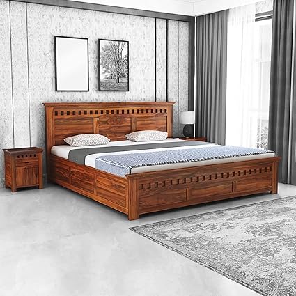 AAKROCRAFTS Sheesham Wood King Size Bed with Box Storage Wooden Double Bed Cot Bed Furniture for Bedroom Livig Room Home (Honey Finish)