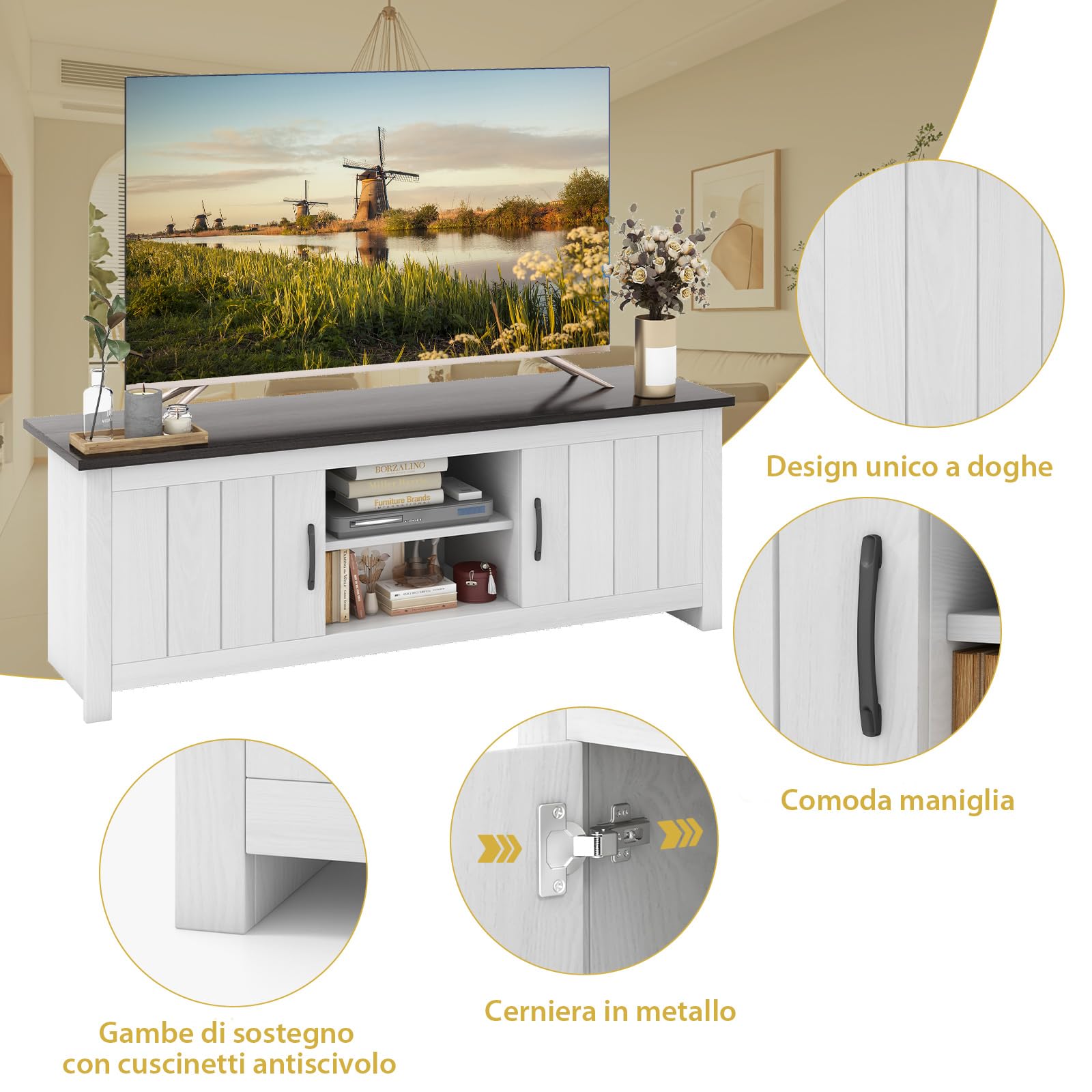 COSTWAY Mobile TV con 2 Ante per TV fino a 65", Mobile Porta TV in Legno con Ripiani Aperti, Mobile per TV in Legno per Soggiorno, 145 x 39,5 x 49,5 cm (Grigio Scuro)