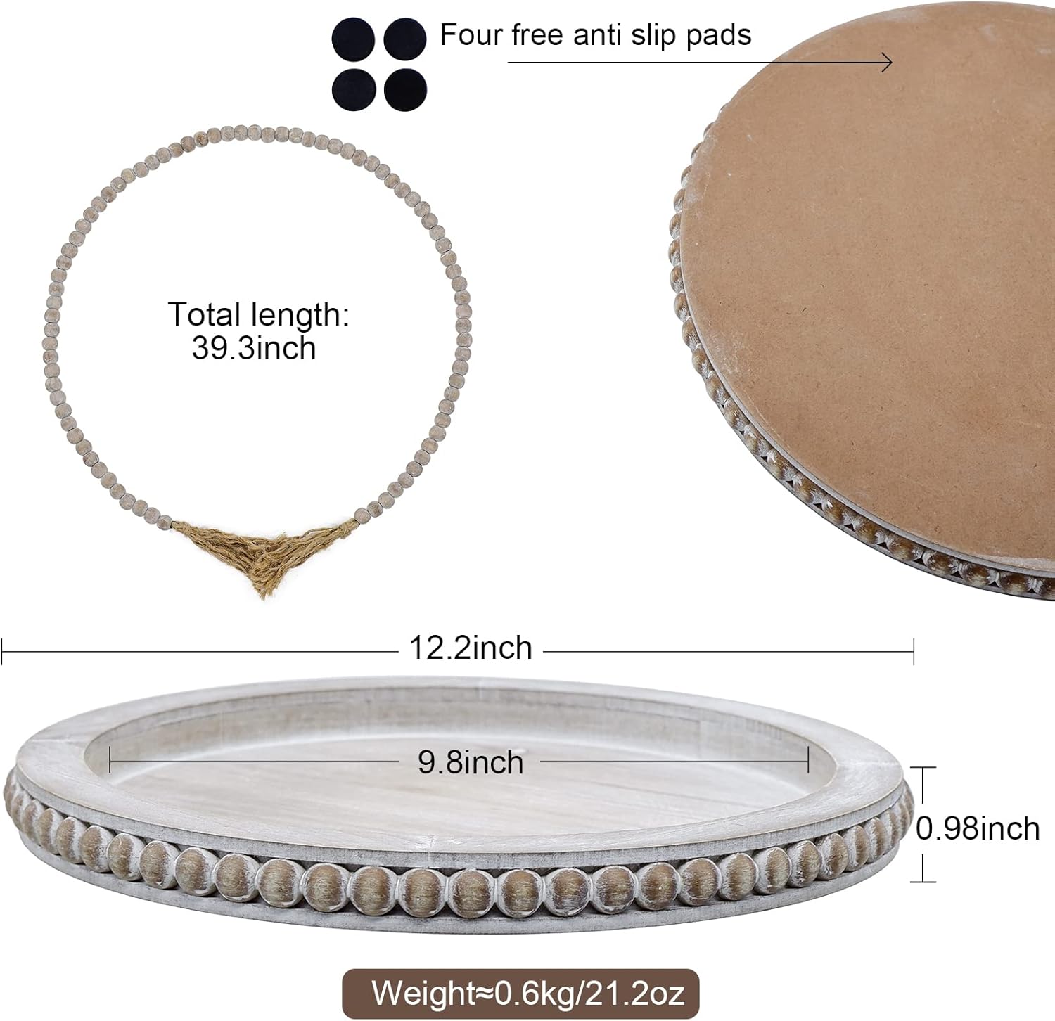HOMBEMO Wooden Bead Serving Tray, Round Decorative Tray with Wood Beaded Garland for Coffee Table, Wooden Rectangular Pine Wood Cutting Boards : Home & Kitchen