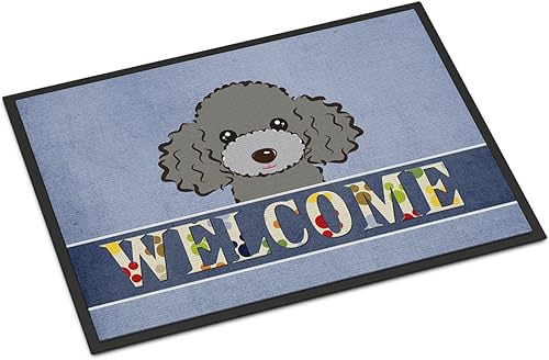 Miniatura 292 de Caroline's Treasures BB1449JMAT - Tapete de bienvenida de carlino negro, 24 x 36 pulgadas, tapete azul para puerta delantera, para interiores