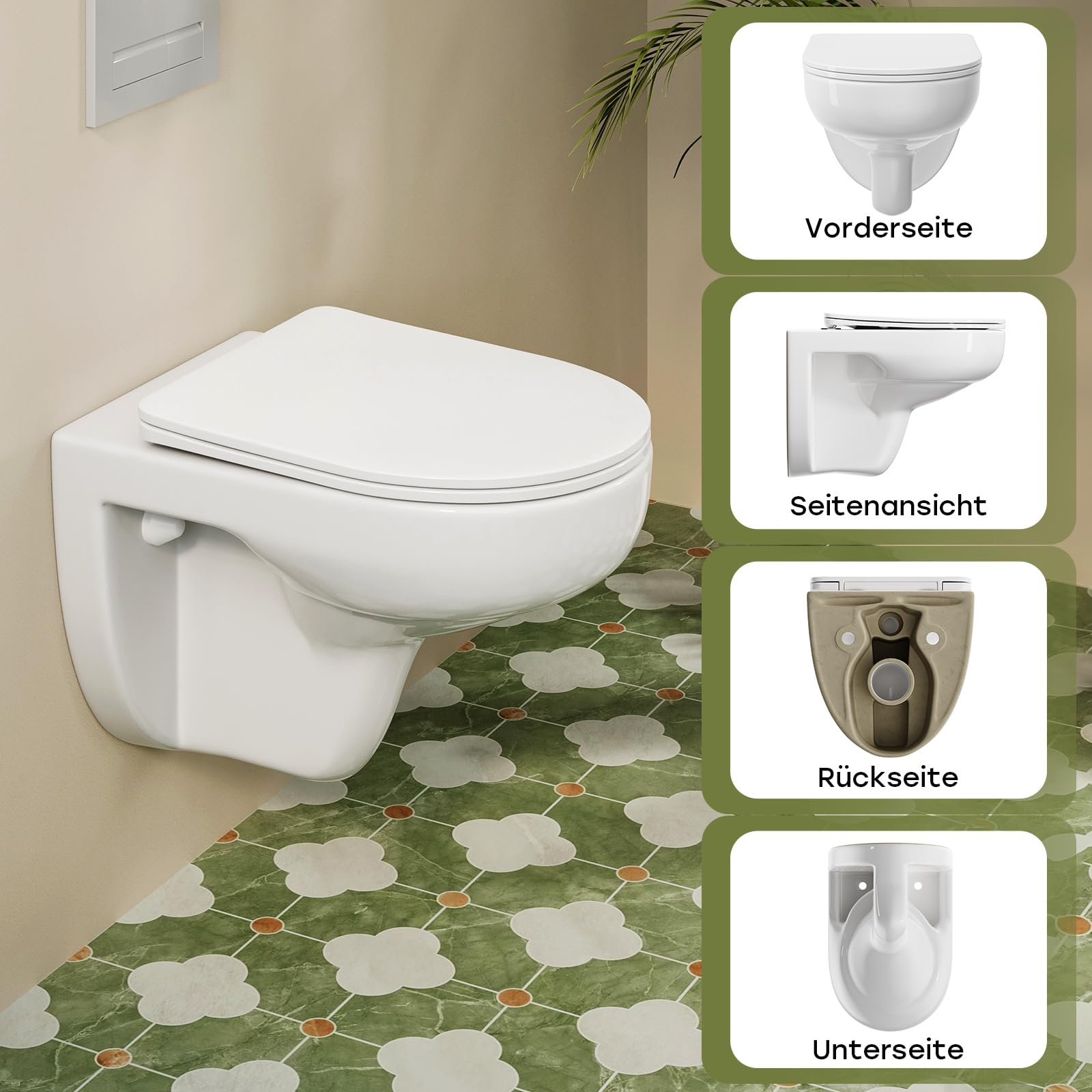 HOROW Hänge WC Spülrandlos mit Toilettendeckel mit Absenkautomatik | Kraftvolle Wirbelspülung, Leise und Effizient, Nanokeramik und Randloses verhindern Schmutzansammlungen, für Kleine Gäste-WC