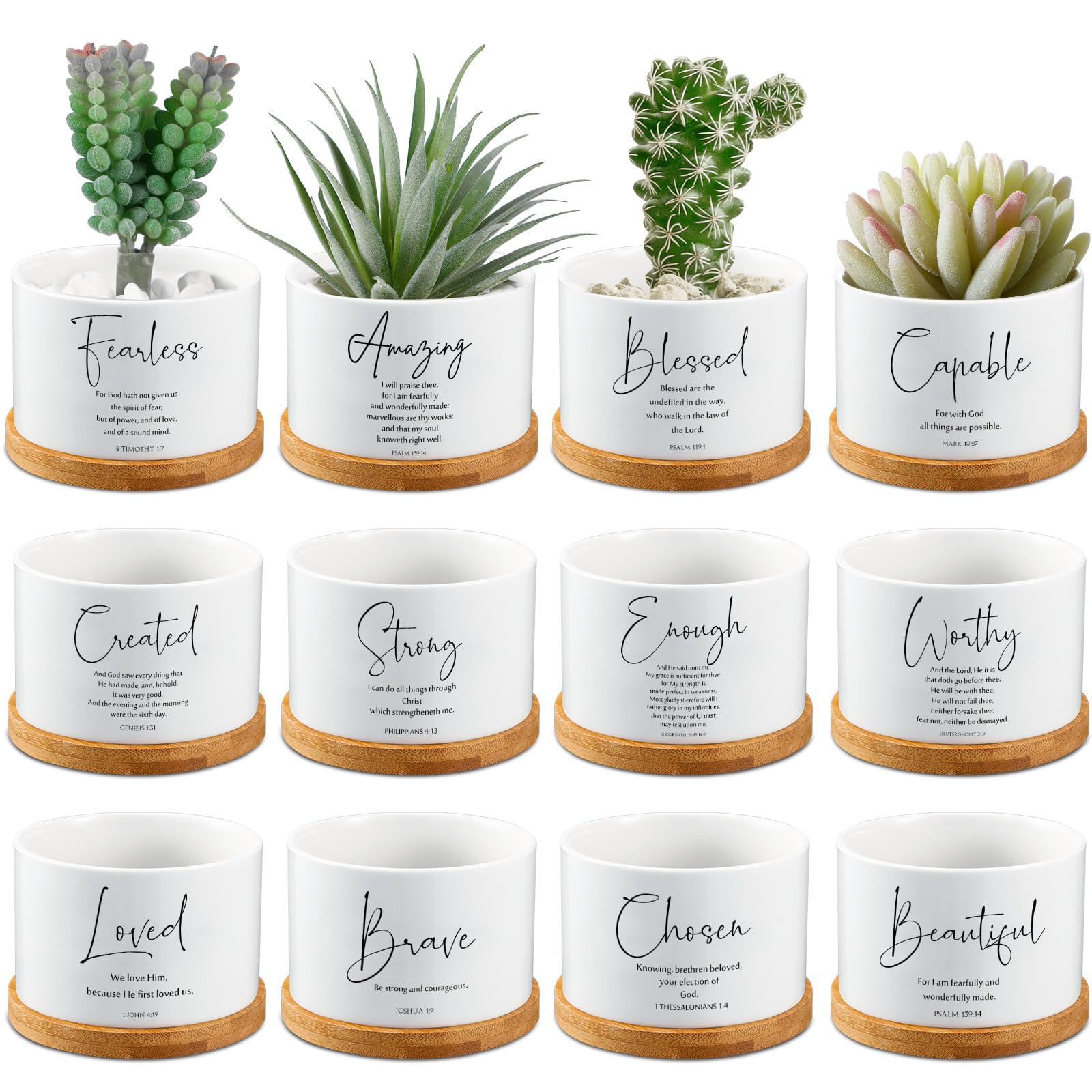 Photo 1 of Fumete 12 Pcs Bible Verse Succulent Pots with Tray Drainage, 3 x 2 in Inspirational Mini Ceramic Flower Planter Christian Religious Gifts for Women Men Teacher Guest Staff Church(Affirmation Series)