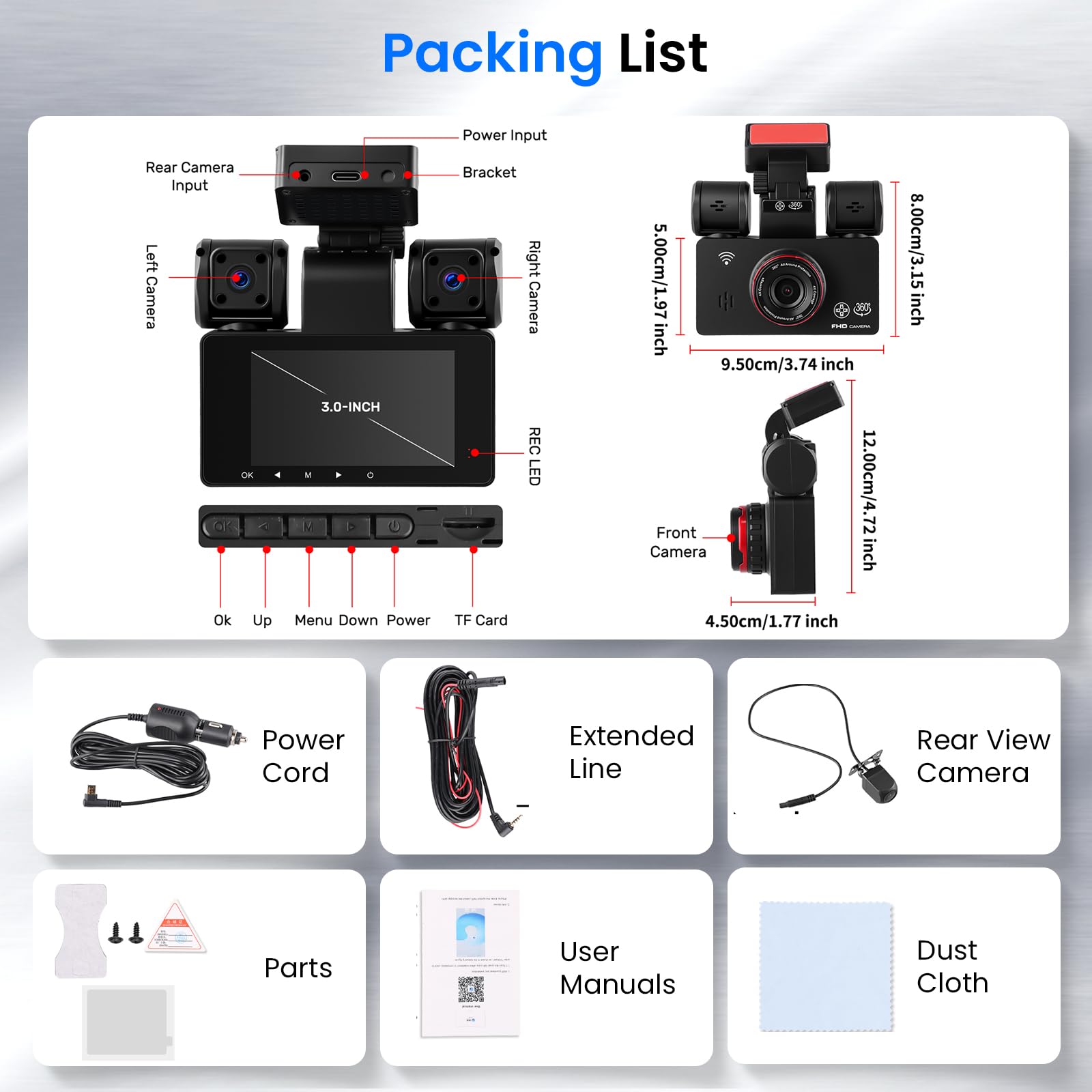 Hodozzy 2K Dashcam Voiture 360° avec 5GHz WiFi, 4 Caméras Avant Arrière Intérieur Gauche, Nachtsicht Ohne Licht, Écran Tactile IPS 3", Enregistrement en Boucle, Capteur G,Aide à la Marche arrière