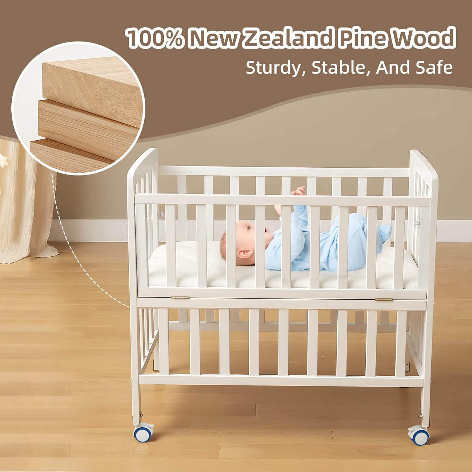 Flwrgirl Baby Bassinets Bedside Sleeper - Portable Pine Wood Bedside Bassinet,6 Heights Small Mini Crib with Mattress,Space-Saving Design Baby Crib for Newborns 0-12 Months,White | Pine Wood Bassinet, Mattress Included, 3-IN-1 Convertible, Adjustable Height, Locking Wheels, Portalbe