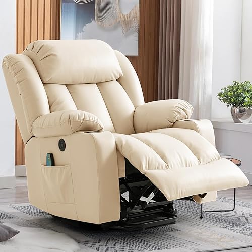 Power Lift Recliner Chair for Elderly, Electric Recliner Chairs for Adults with Massage and Heat, Cup Holders, Remote Control, USB Ports, Side Pockets, Leather (Beige)