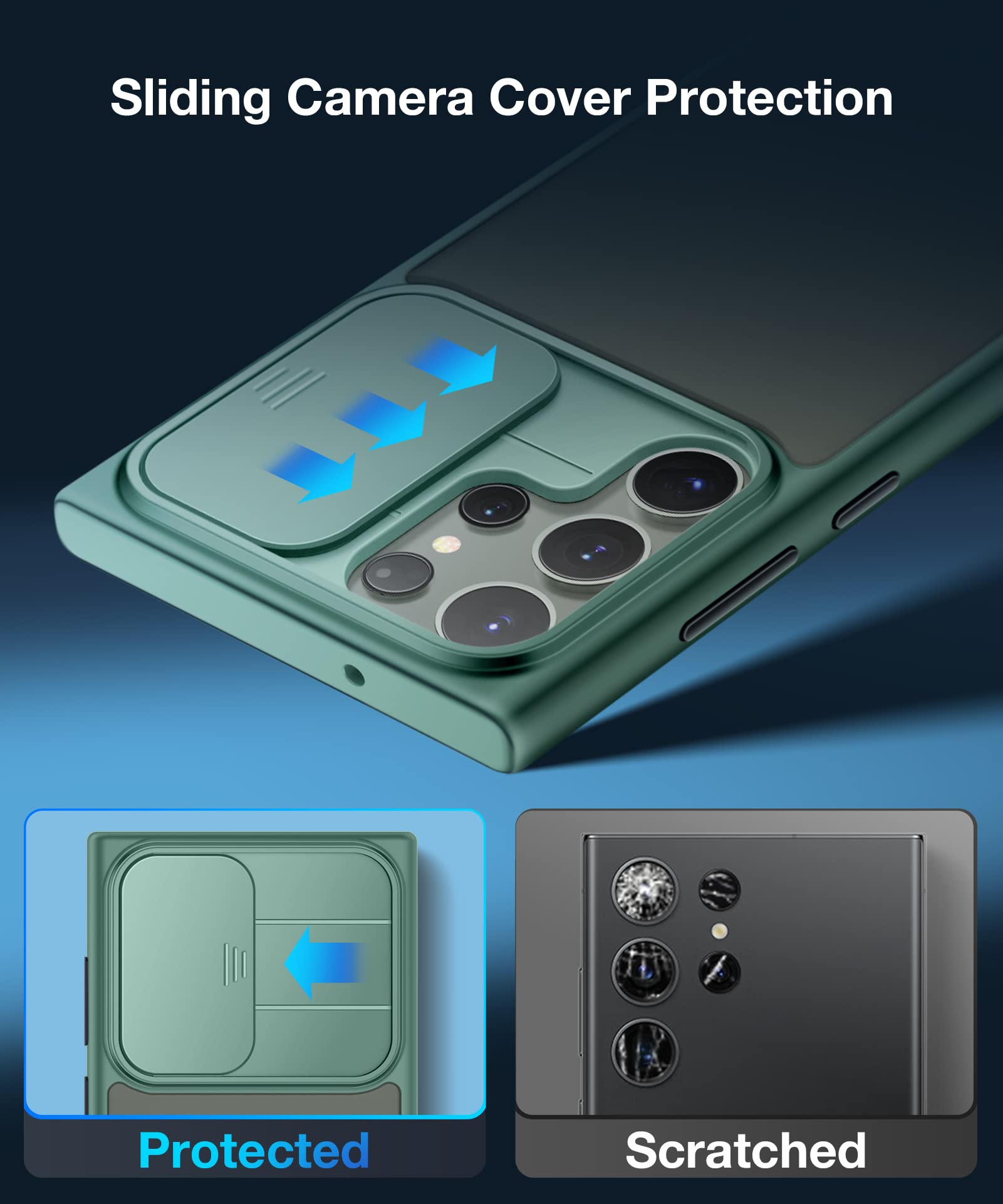 Tongate Funda compatible con Samsung Galaxy S23 Ultra con cubierta de cámara deslizante, protección contra caídas de grado militar, delgada, translúcida, mate, antiarañazos, 6.8 pulgadas, verde