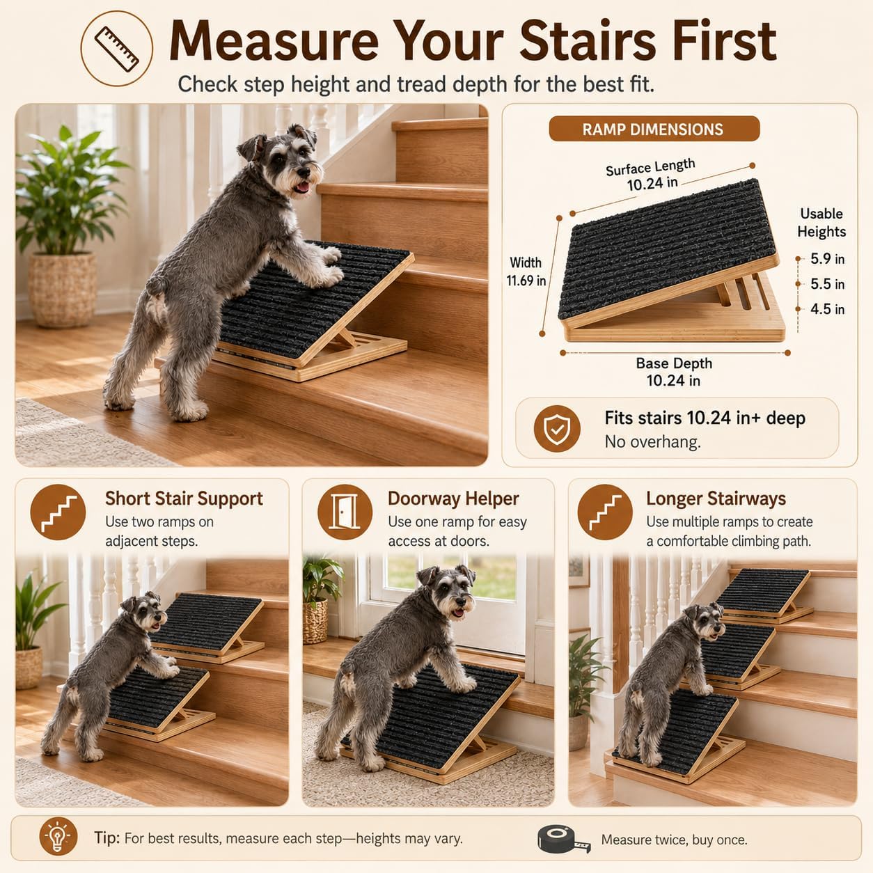 Dog ramp for Stairs, Adjustable Non-Slip Pet Steps with Comfort Mat (2pack) | Adjustable & Foldable: Easily adjusts to perfect heights for stairs or ramps, and folds flat for easy storage.