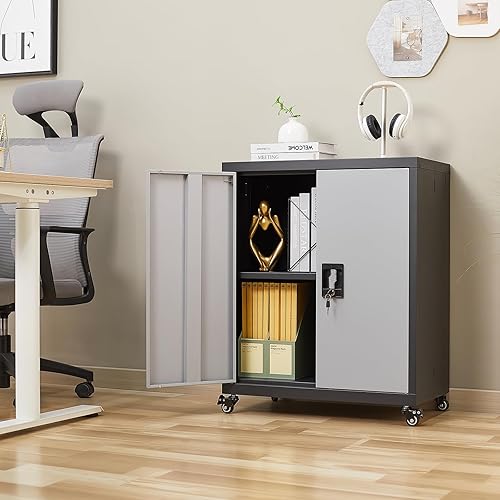 Miniatura 14 de LUCYPAL Armario de almacenamiento de metal con 2 puertas de bloqueo y 2 estantes ajustables, gabinete de almacenamiento con cerradura de acero para