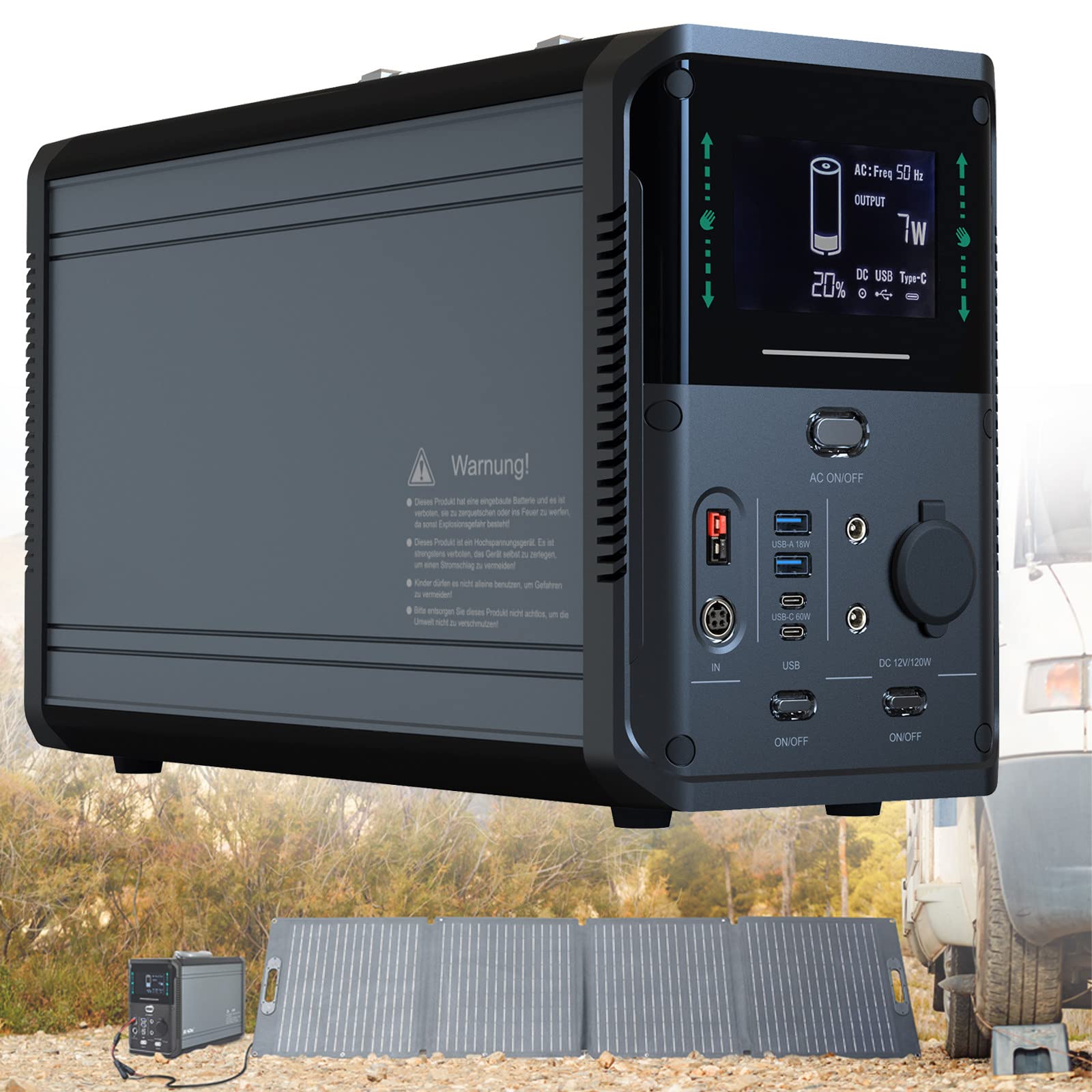 Generator słoneczny 1000/1500W,48Ah 1075/1380Wh Mobilny generator prądu na zewnątrz,2 gniazda AC,60W 2xUSB-C,18W 2xUSB-A,2xDC 12V 120W,2xAC 220V 50Hz/60Hz,zasilanie wielu urządzeń,1000W
