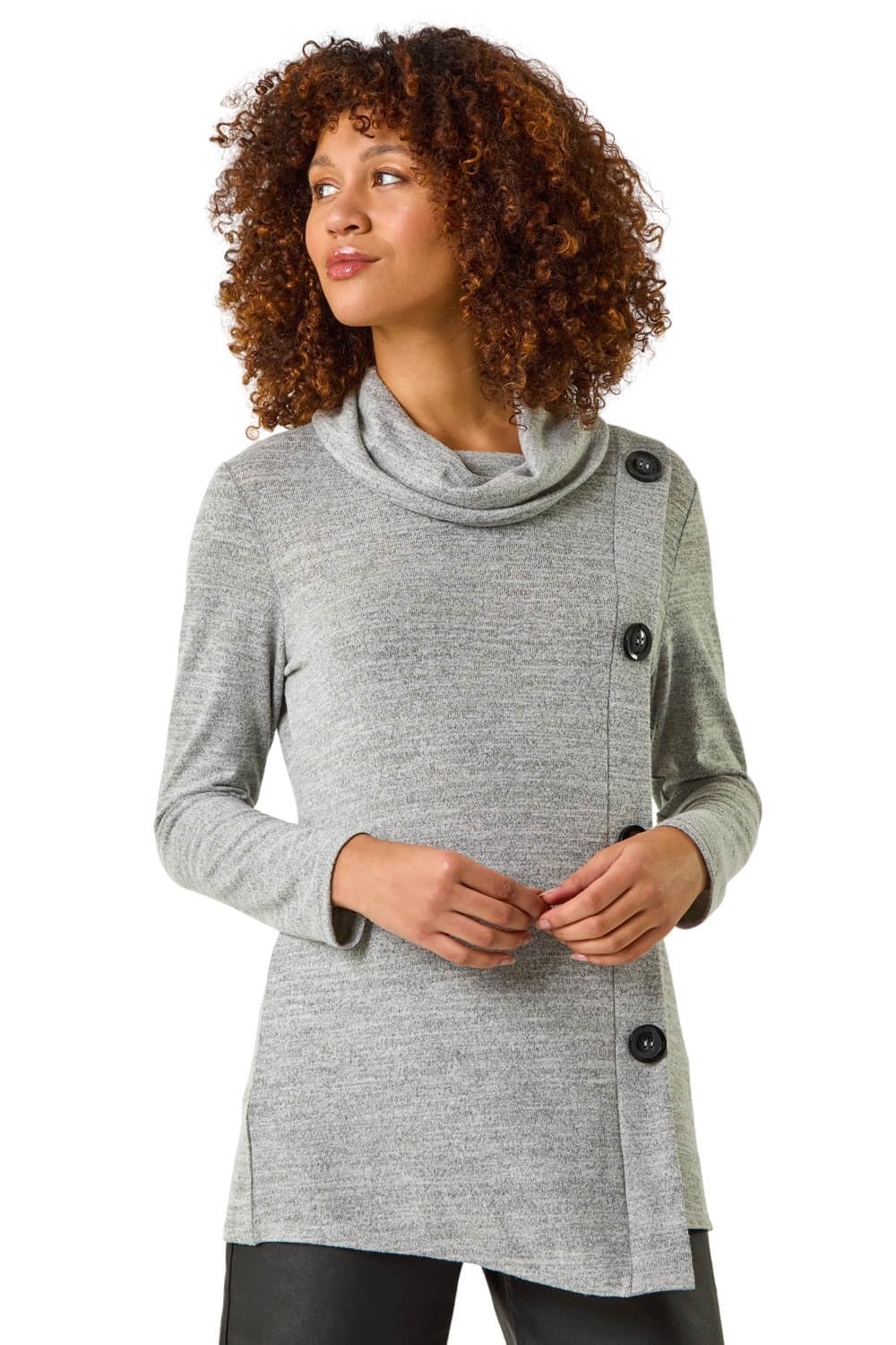 Roman Originals Women's Grey Cowl Neck Buttoned Top For Uk - Everyday Autumn Winter Comfy Soft Evening Vacation Work Party Night Out - Size 16