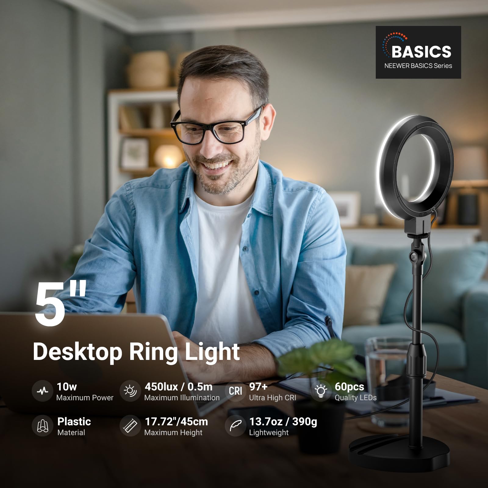 NEEWER BASICS 5" LED Ring Light da Tavolo con Supporto, Morsetto Monitor, 10W Luce Anello Compatibile con iPhone Computer Laptop Webcam Telefono per Selfie Trucco Video Zoom Videoconferenza, Nera BR60