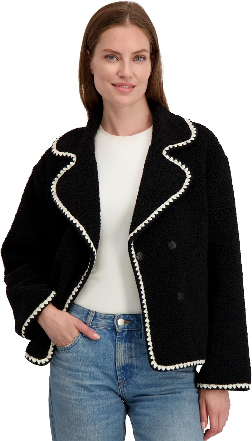 Laundry by Shelli Segal Women's Short Faux Sherpa Jacket –cropped Coat With Curved Collar, Hidden Snap Closure - Image 5