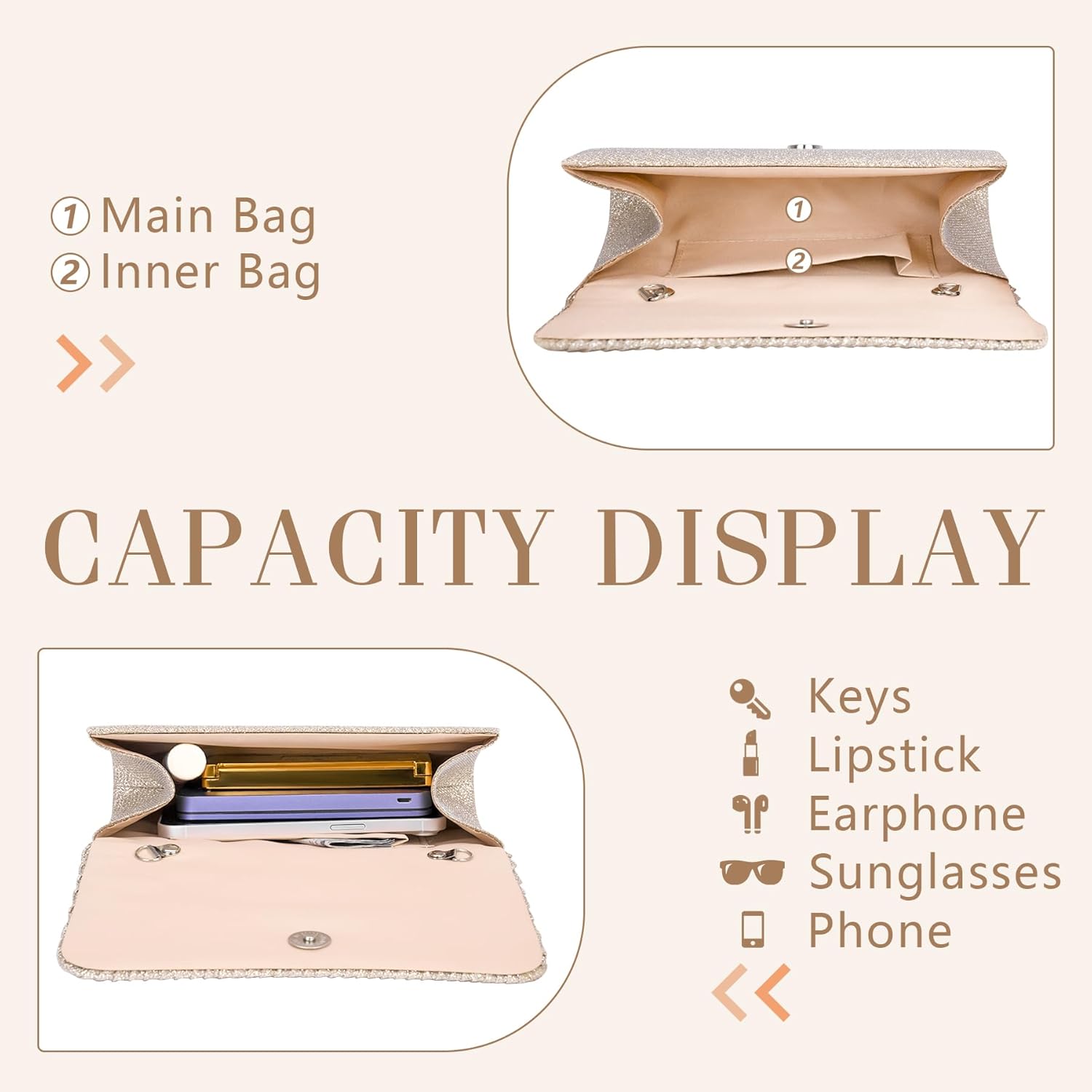 Larcenciel Elegant Evening Clutch Purse for Woman with Chain Strap for Party, Wedding, Prom, Formal Event, 8 x 4 x 2.4 inches - Image 5