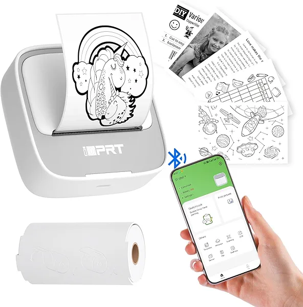 iDPRT Mini Sticker Maker Portable Printer with 1 Roll Sticker Paper - Bluetooth Inkless Printers for Study Notes, Pictures, DIY, Label, iOS & Android Free App with Multiple Templates, Grey