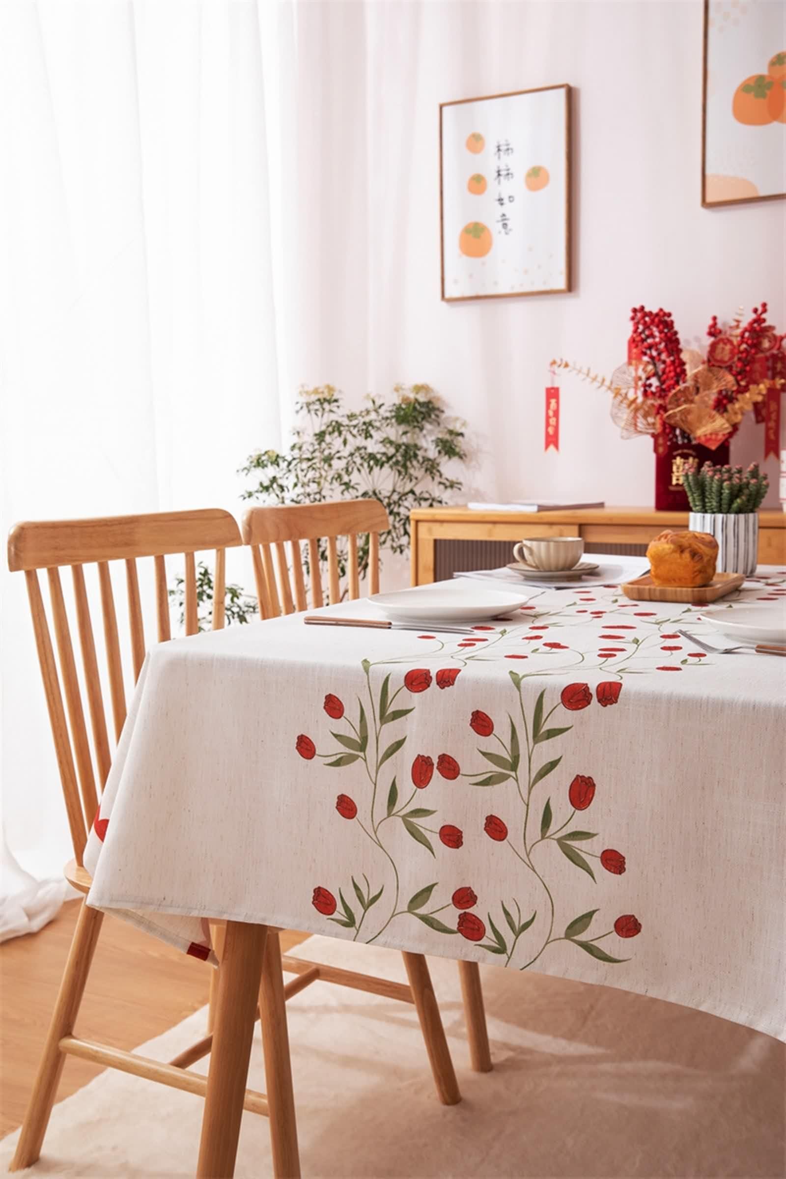 Tovaglia Rettangolare Rossa, Tovaglia Soggiorno Elegante Poliestere Fiore Stampato Copritavolo 130X220CM per Compleanno Festa Matrimonio