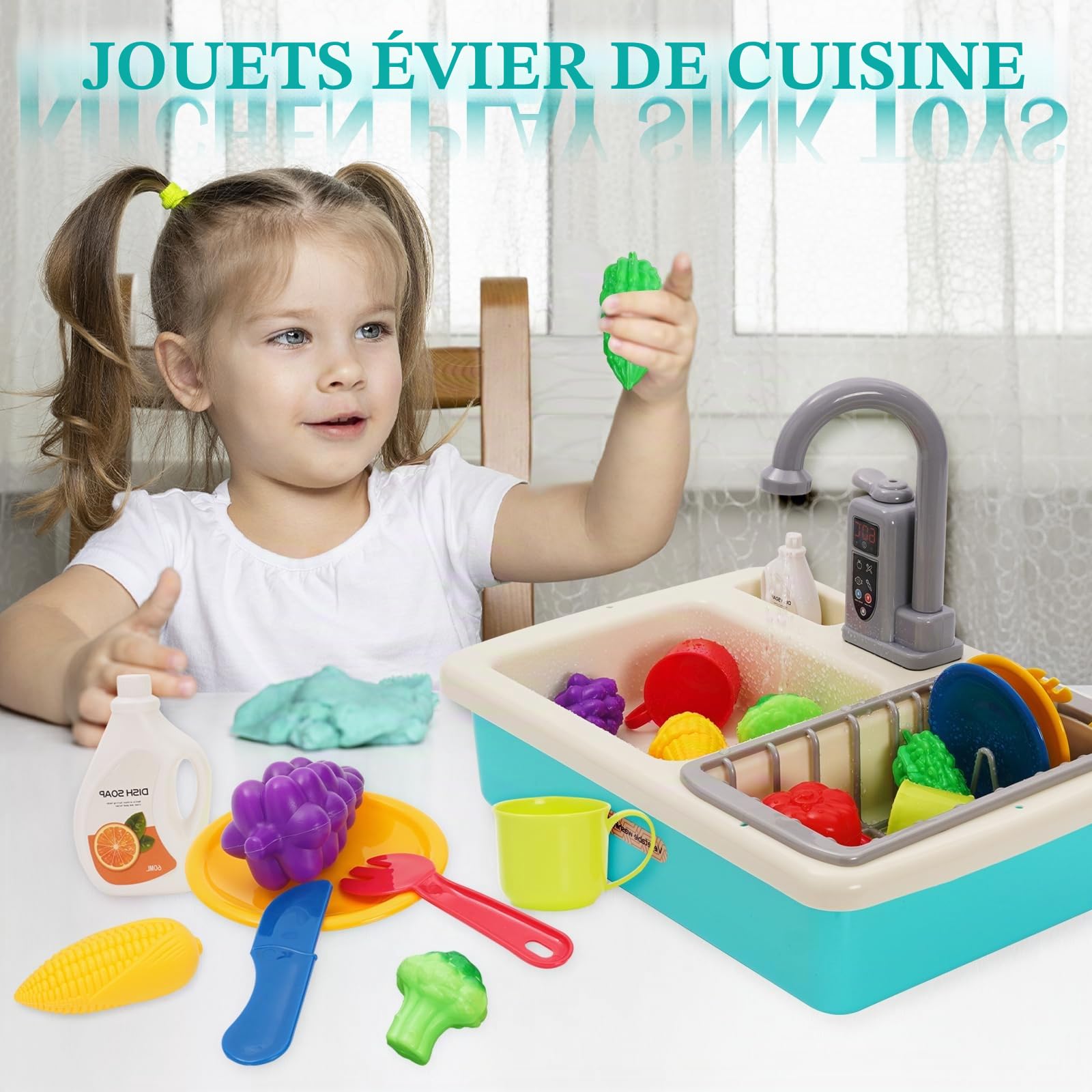 Jouets d'évier de Cuisine pour Enfants de 1 an,Cuisine pour Enfant avec Système d'eau Courante,Jeu de Nourriture et Jeu de Découpe pour Garçons et Filles de 3,4,5,6,7 Ans（Vert）