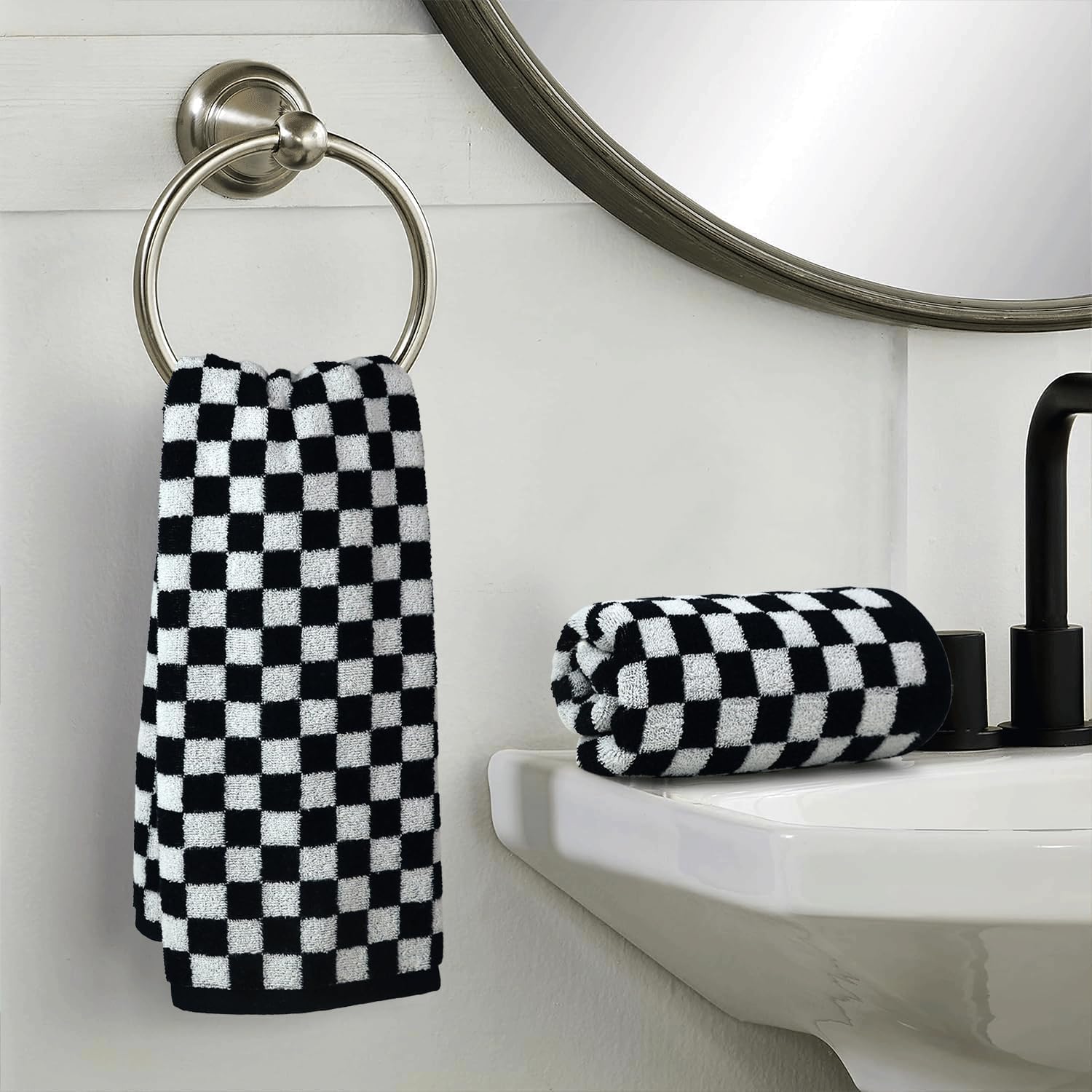 Jacquotha and White Hand Towels 4 Pack, Cotton Decorative Bathroom Hand Towels & Checkered Kitchen Decor, 13" x 29": Black