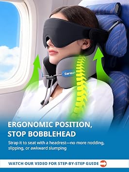 SARISUN Neck Pillow for Airplane Travel, Combo 3D Eye Mask and Seat Strap
