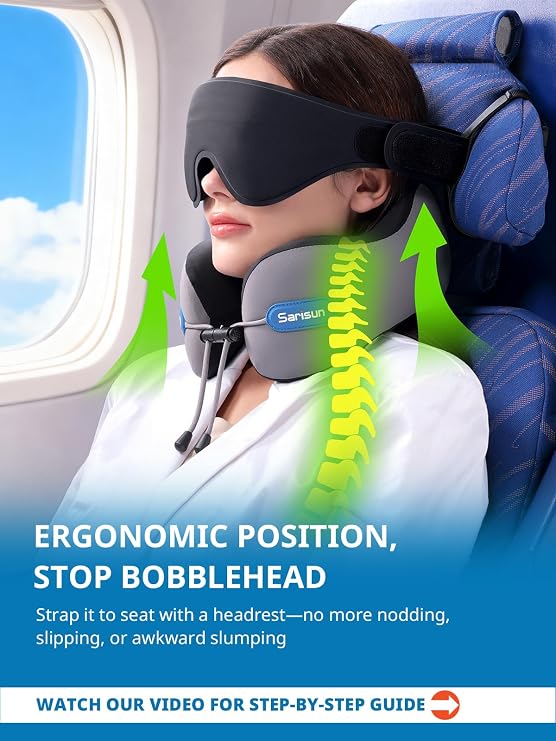 SARISUN Neck Pillow for Airplane Travel, Combo 3D Eye Mask and Seat Strap