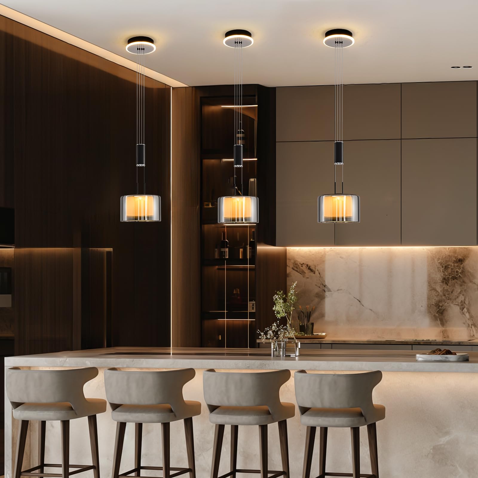 Modern Pendelleuchte Glas, Dimmbare Hängeleuchte Esstisch, Led Esszimmerlampe Höhenverstellbar, Hängelampe Wohnzimmer, Küchenlampe Hängend mit Glas Lampenschirm und Fernbedienung